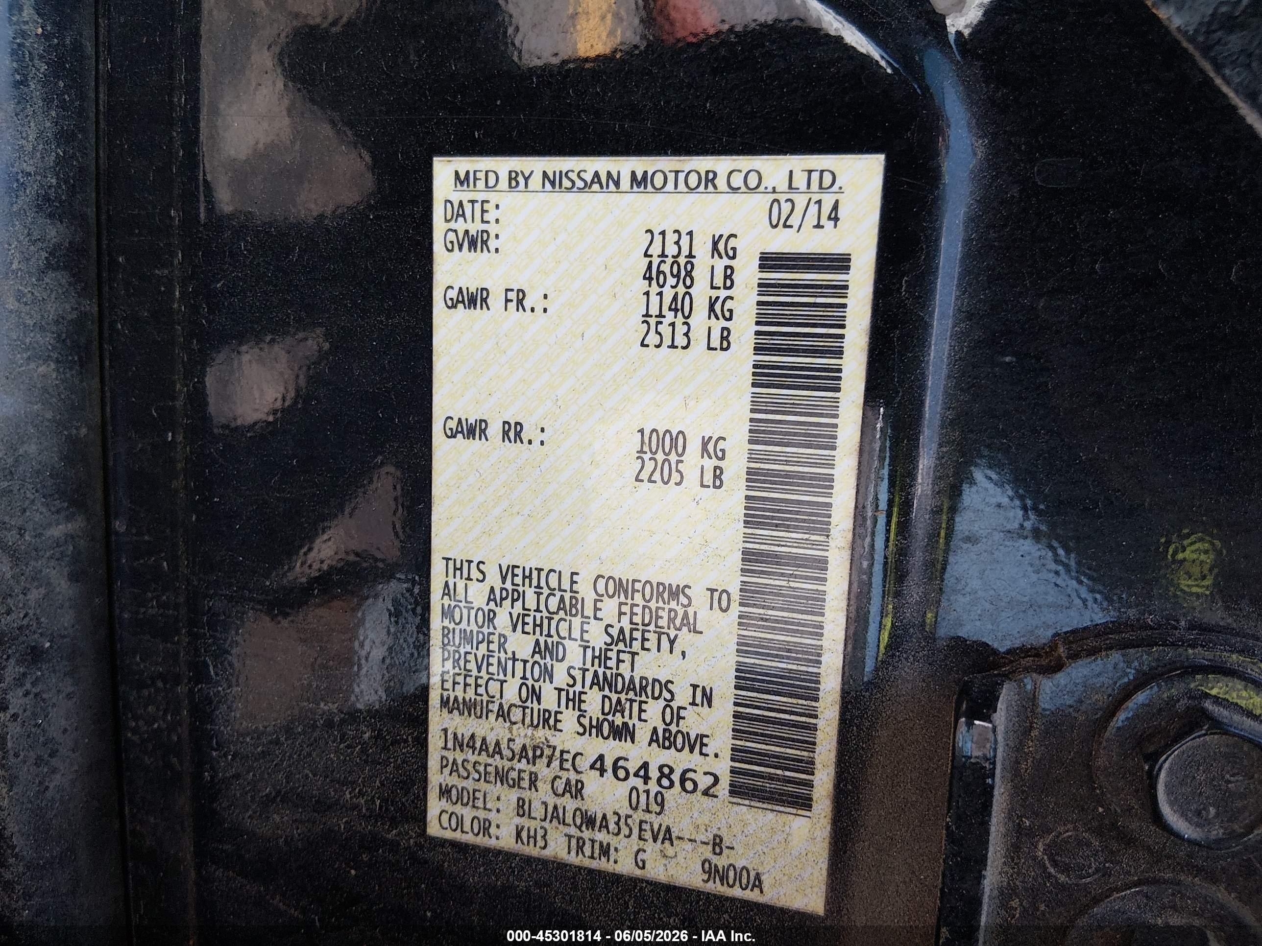 2014 Nissan Maxima 3.5 S/3.5 Sv Black vin: 1N4AA5AP7EC464862