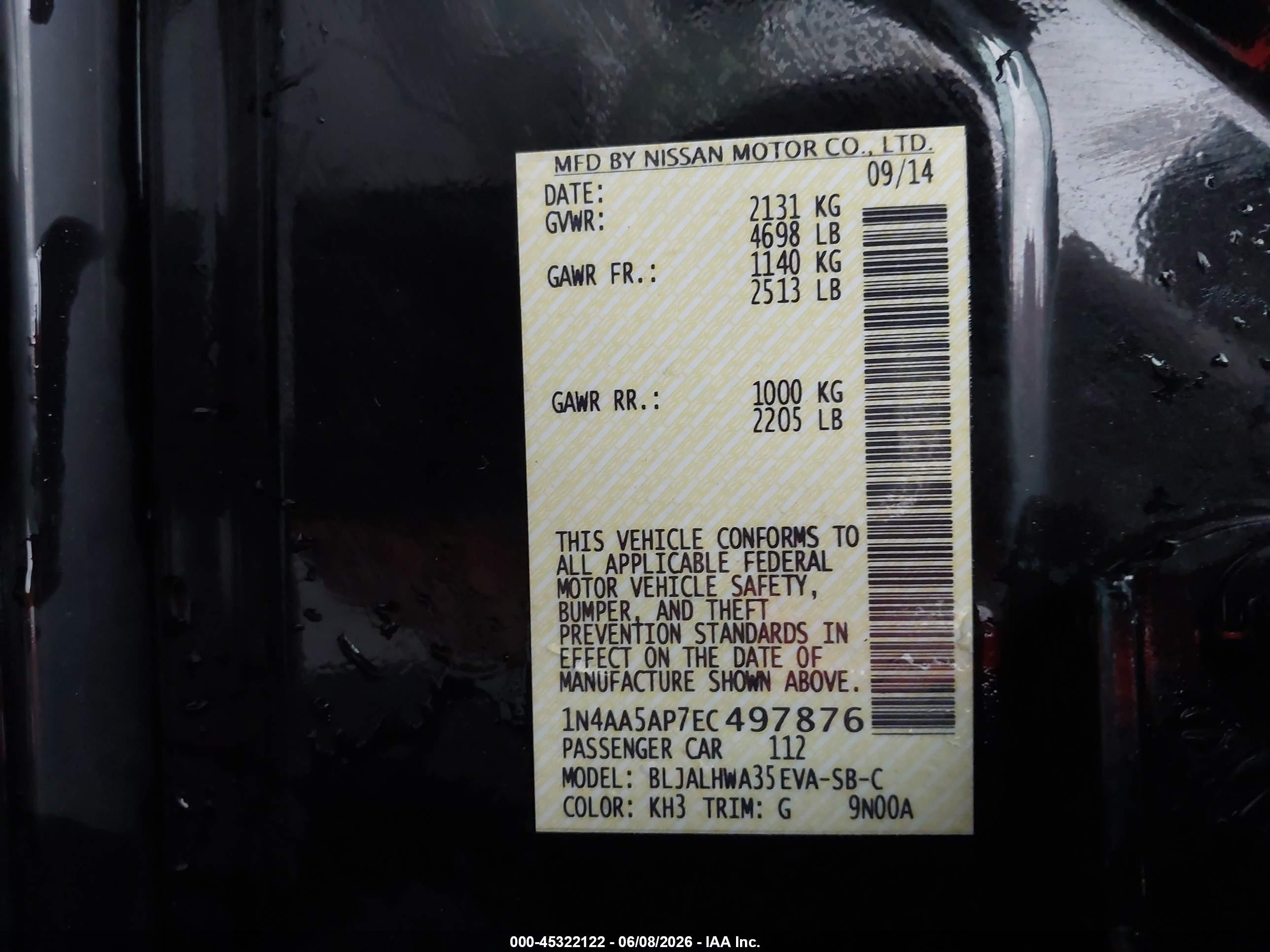 2014 Nissan Maxima 3.5 Sv Black vin: 1N4AA5AP7EC497876