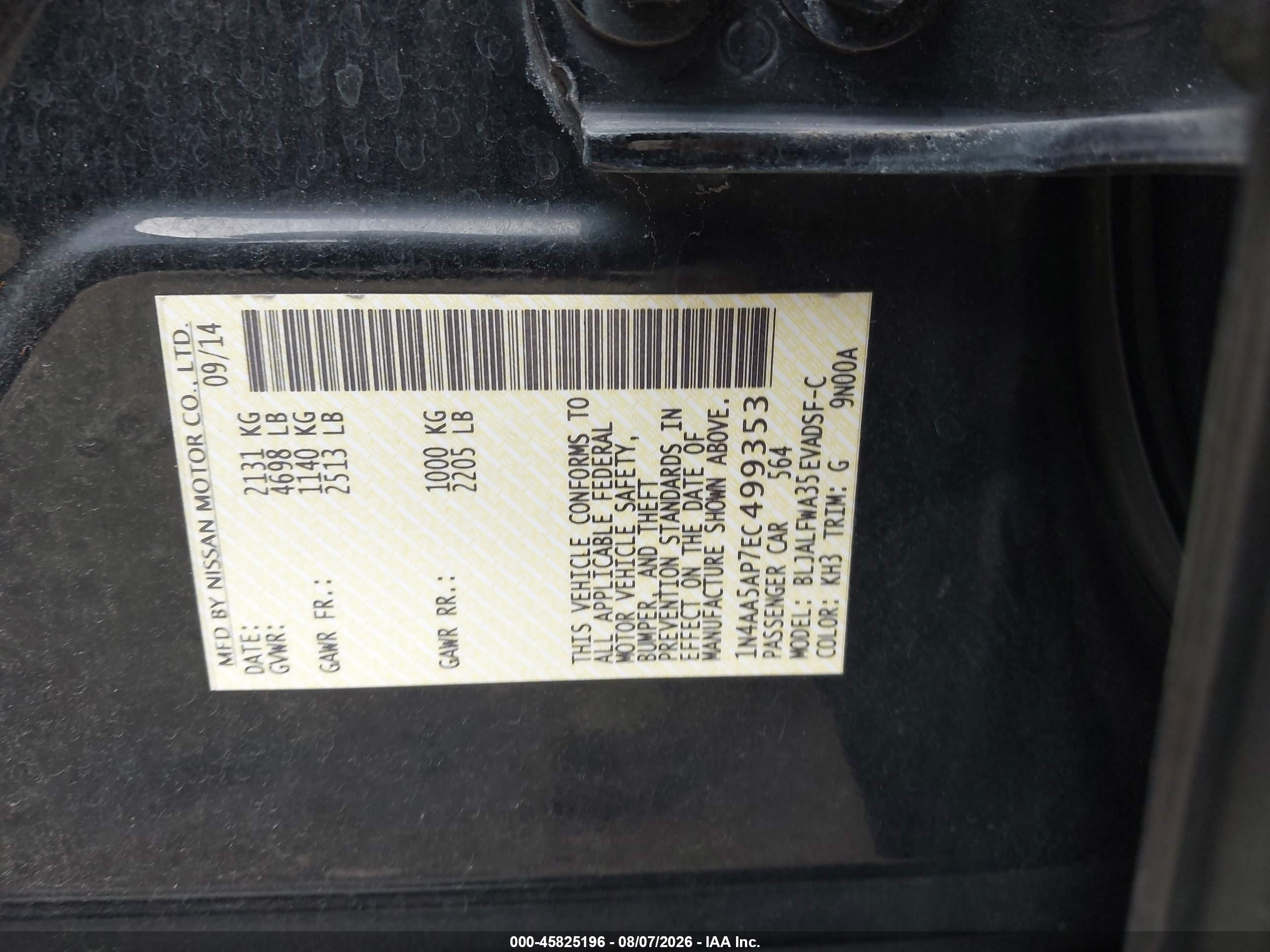 2014 Nissan Maxima 3.5 Sv Black vin: 1N4AA5AP7EC499353