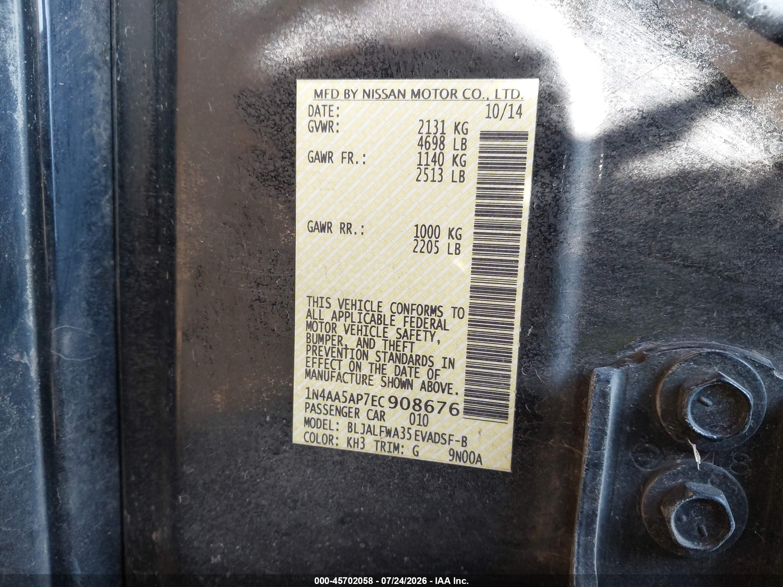 2014 Nissan Maxima 3.5 Sv Black vin: 1N4AA5AP7EC908676