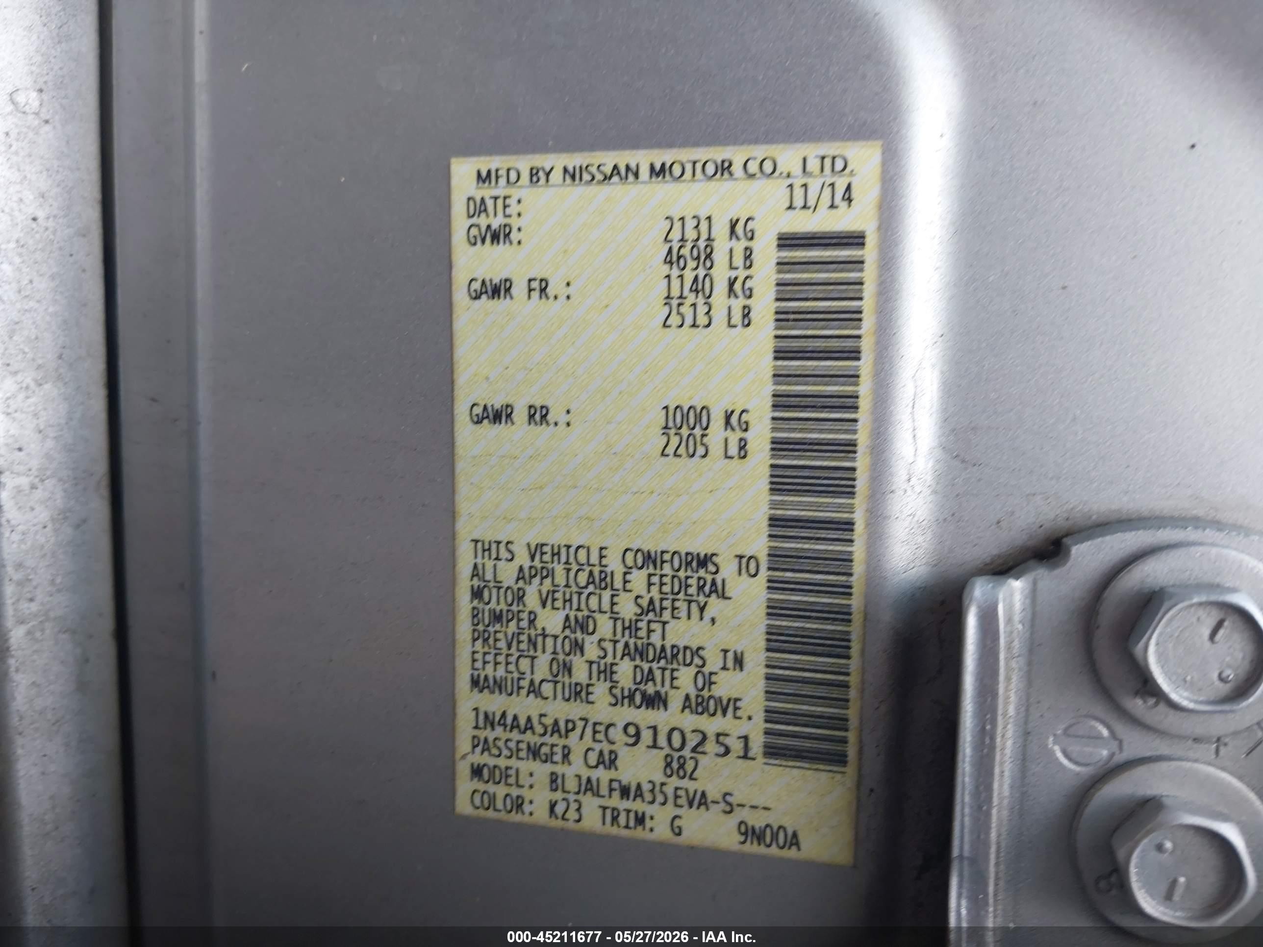2014 Nissan Maxima 3.5 Sv Silver vin: 1N4AA5AP7EC910251