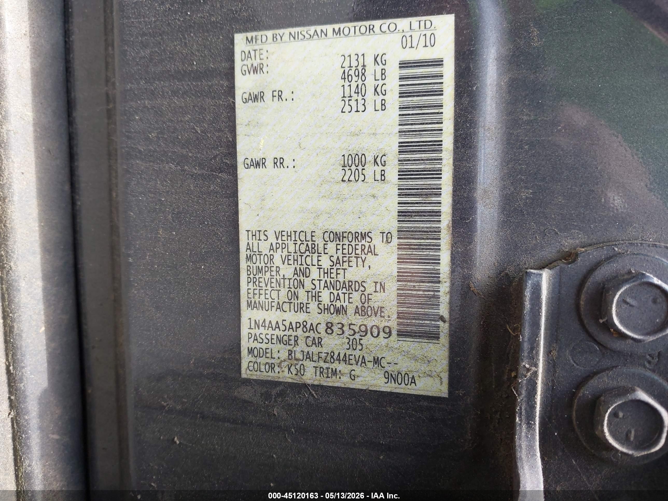 2010 Nissan Maxima 3.5 Sv Gray vin: 1N4AA5AP8AC835909