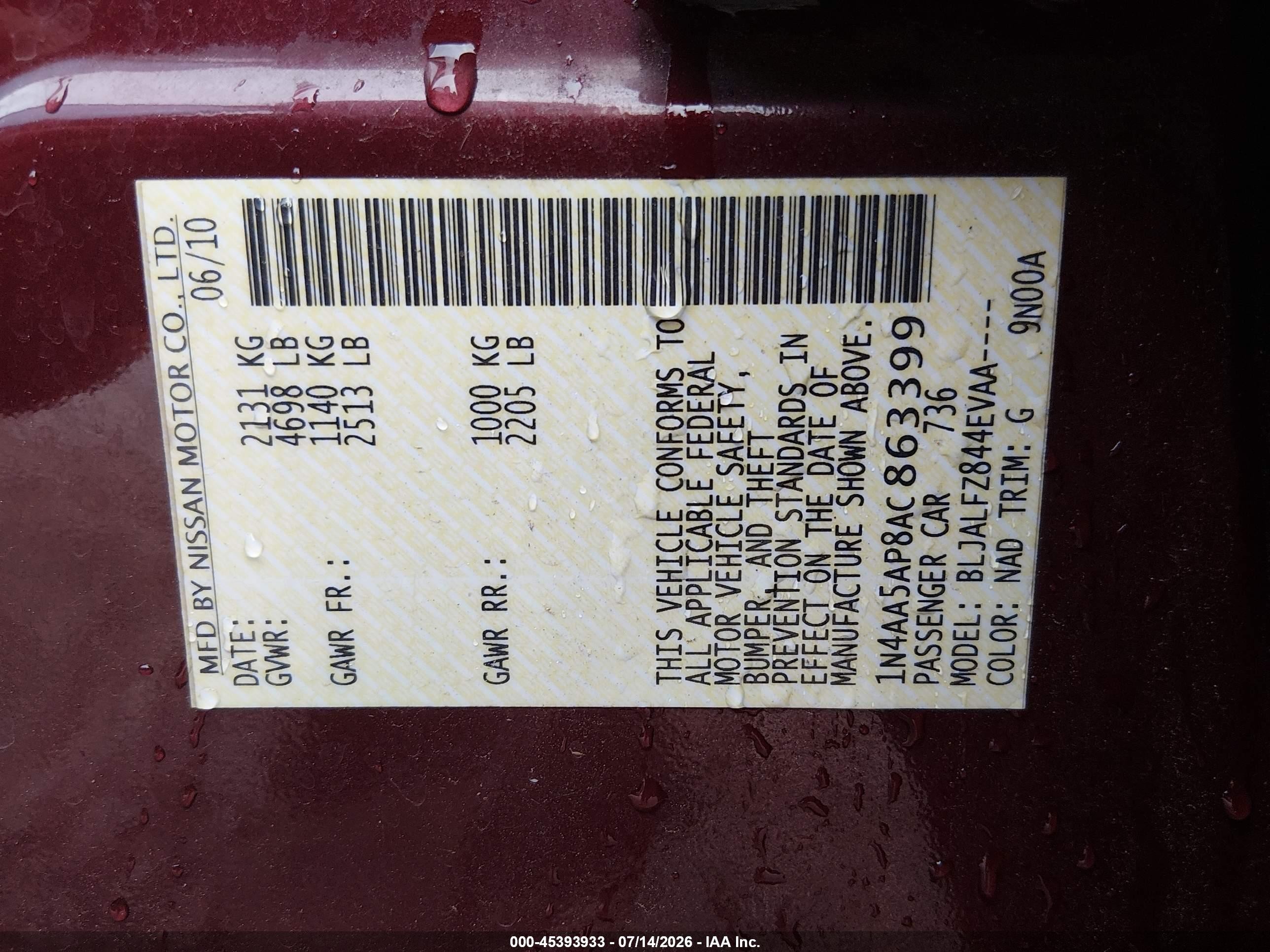 2010 Nissan Maxima 3.5 Sv Maroon vin: 1N4AA5AP8AC863399