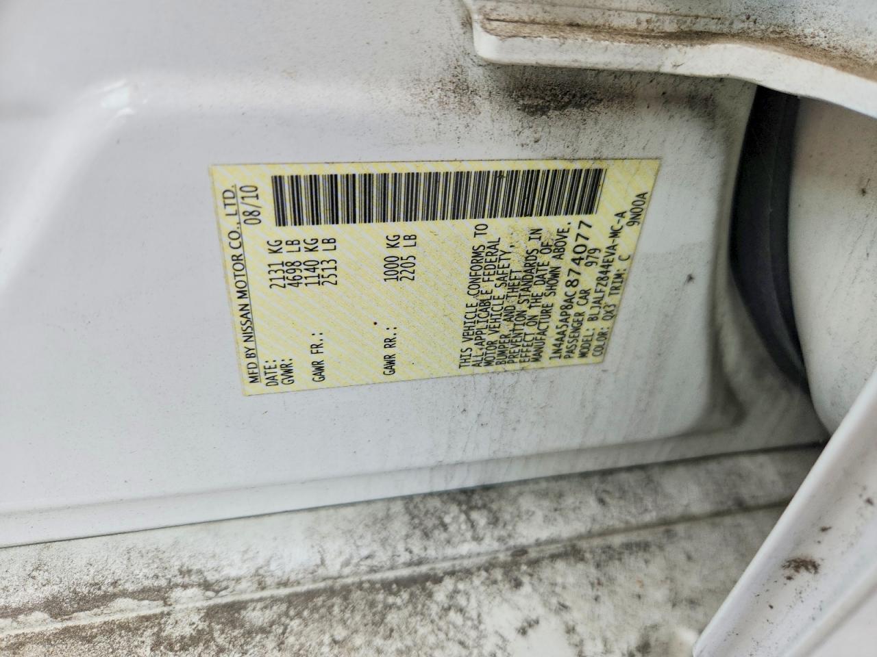 2010 Nissan Maxima 3.5 S Белый vin: 1N4AA5AP8AC874077