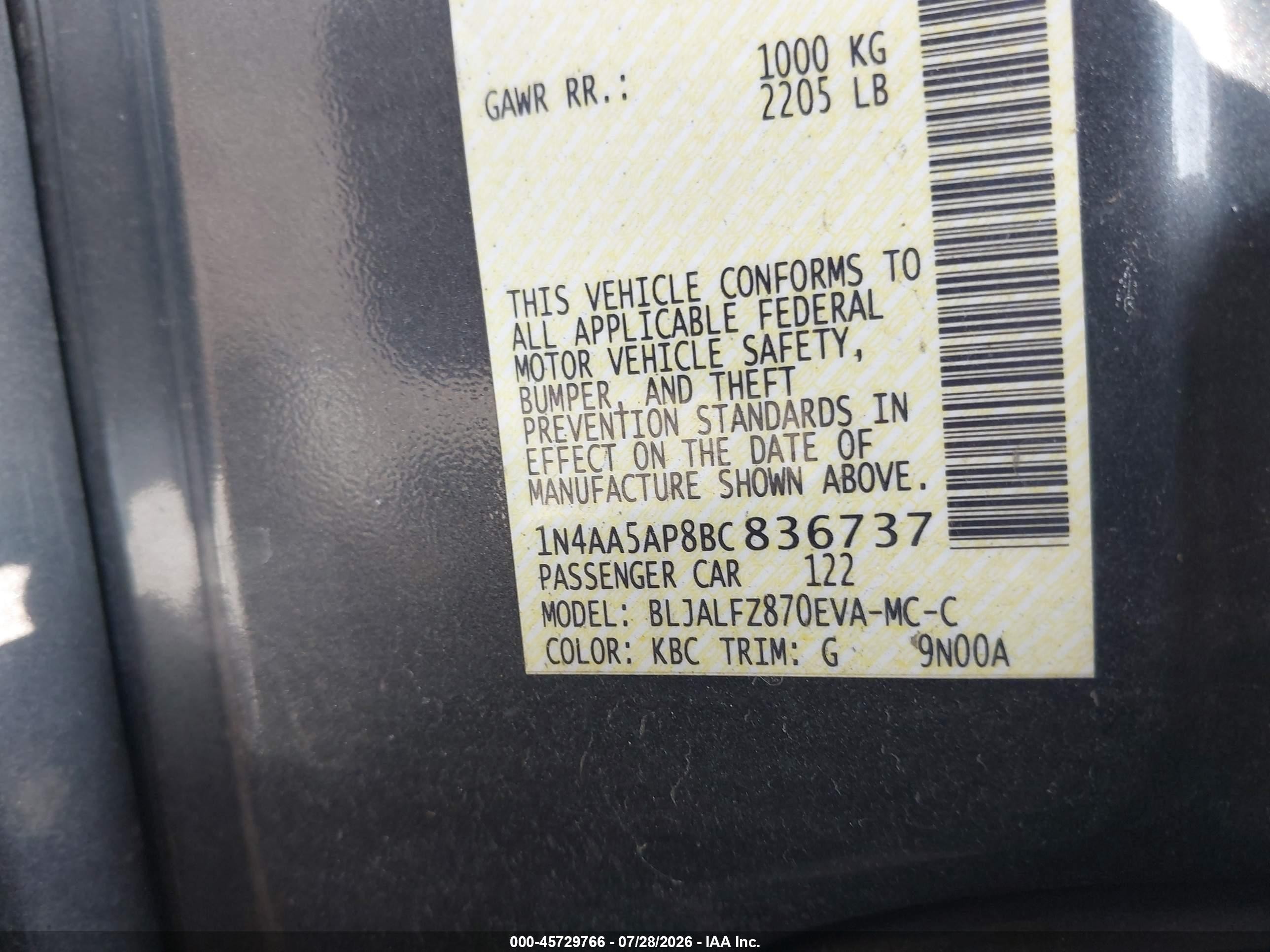 2011 Nissan Maxima 3.5 Sv Gray vin: 1N4AA5AP8BC836737