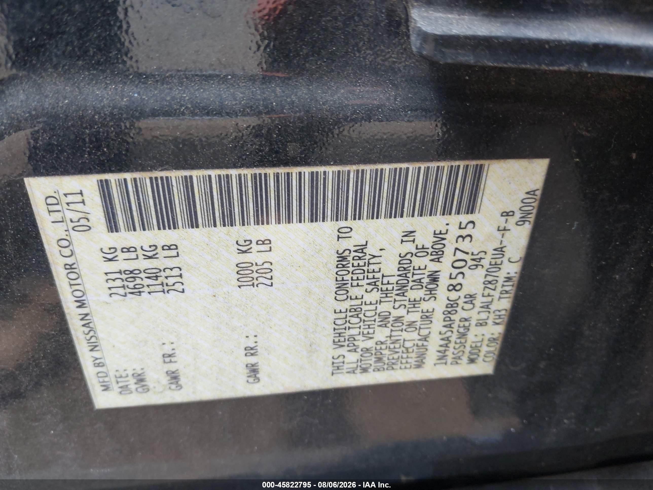 2011 Nissan Maxima 3.5 Sv Black vin: 1N4AA5AP8BC850735