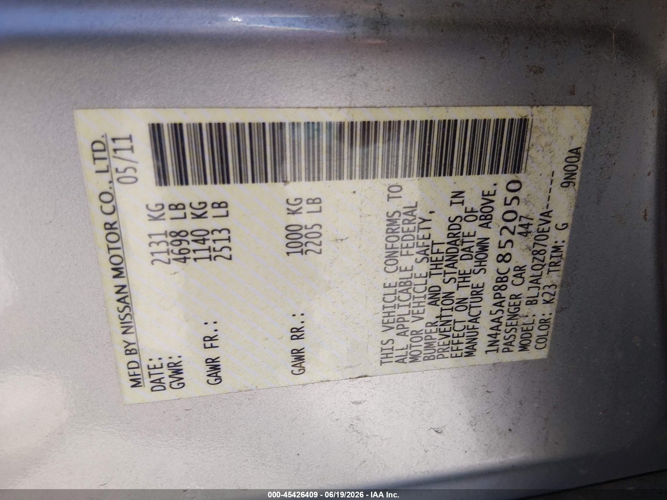 2011 Nissan Maxima 3.5 S Silver vin: 1N4AA5AP8BC852050