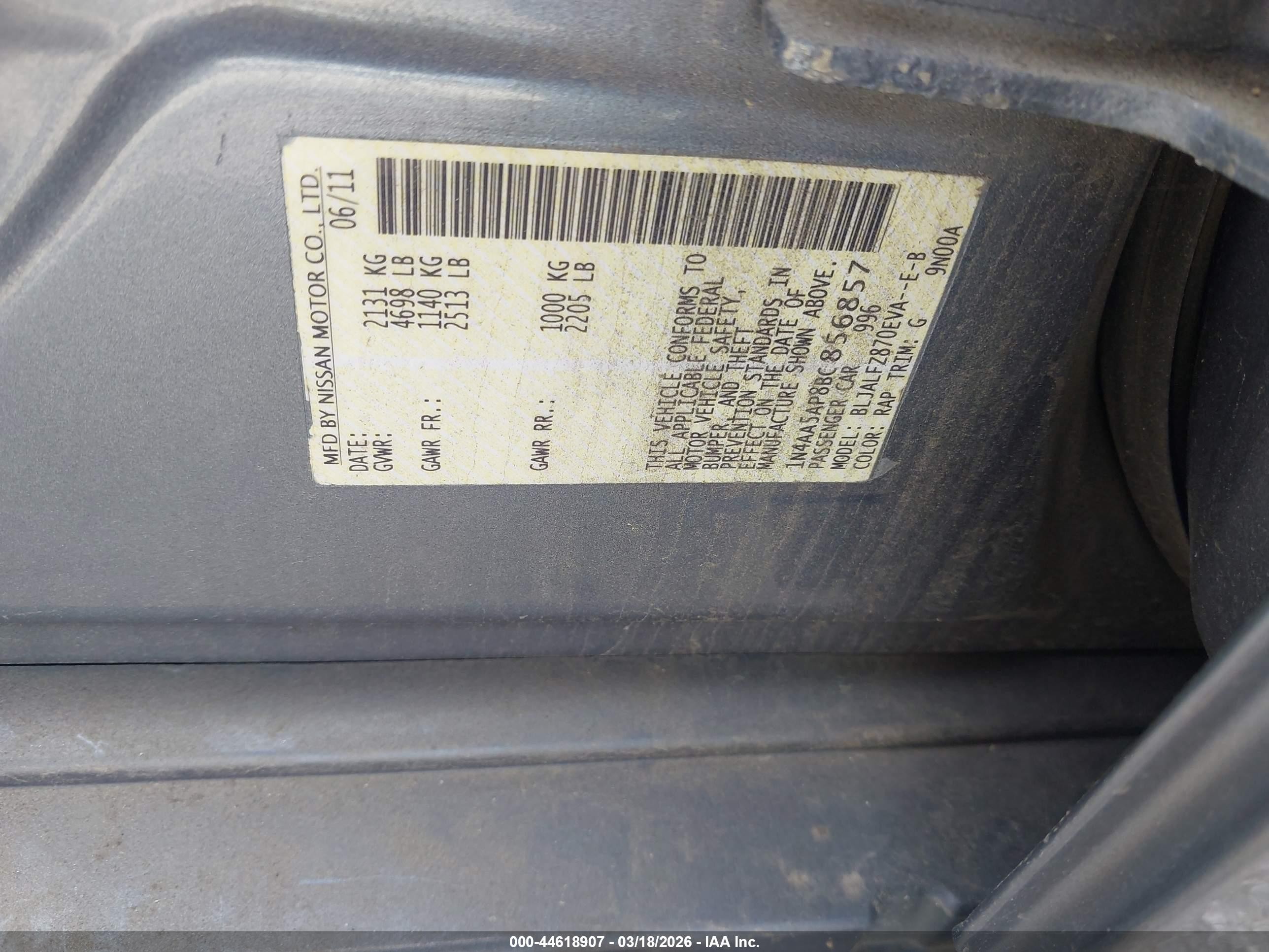 2011 Nissan Maxima 3.5 Sv Blue vin: 1N4AA5AP8BC856857