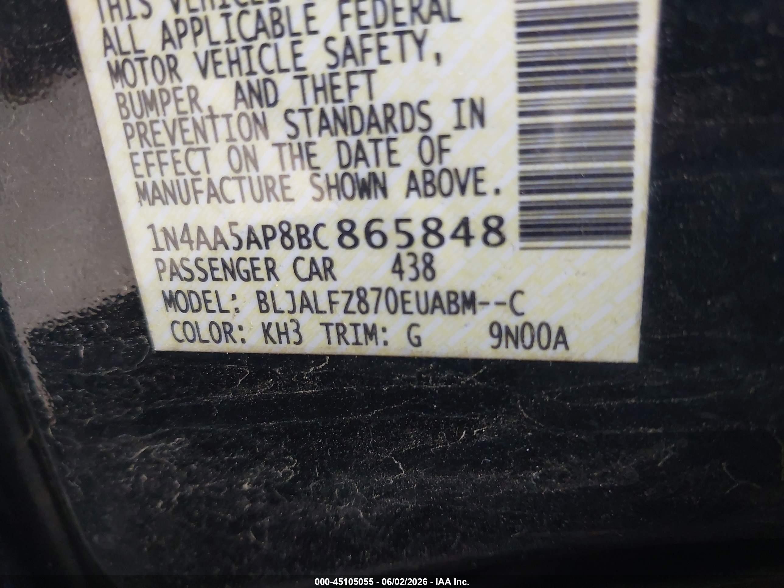 2011 Nissan Maxima 3.5 Sv Black vin: 1N4AA5AP8BC865848