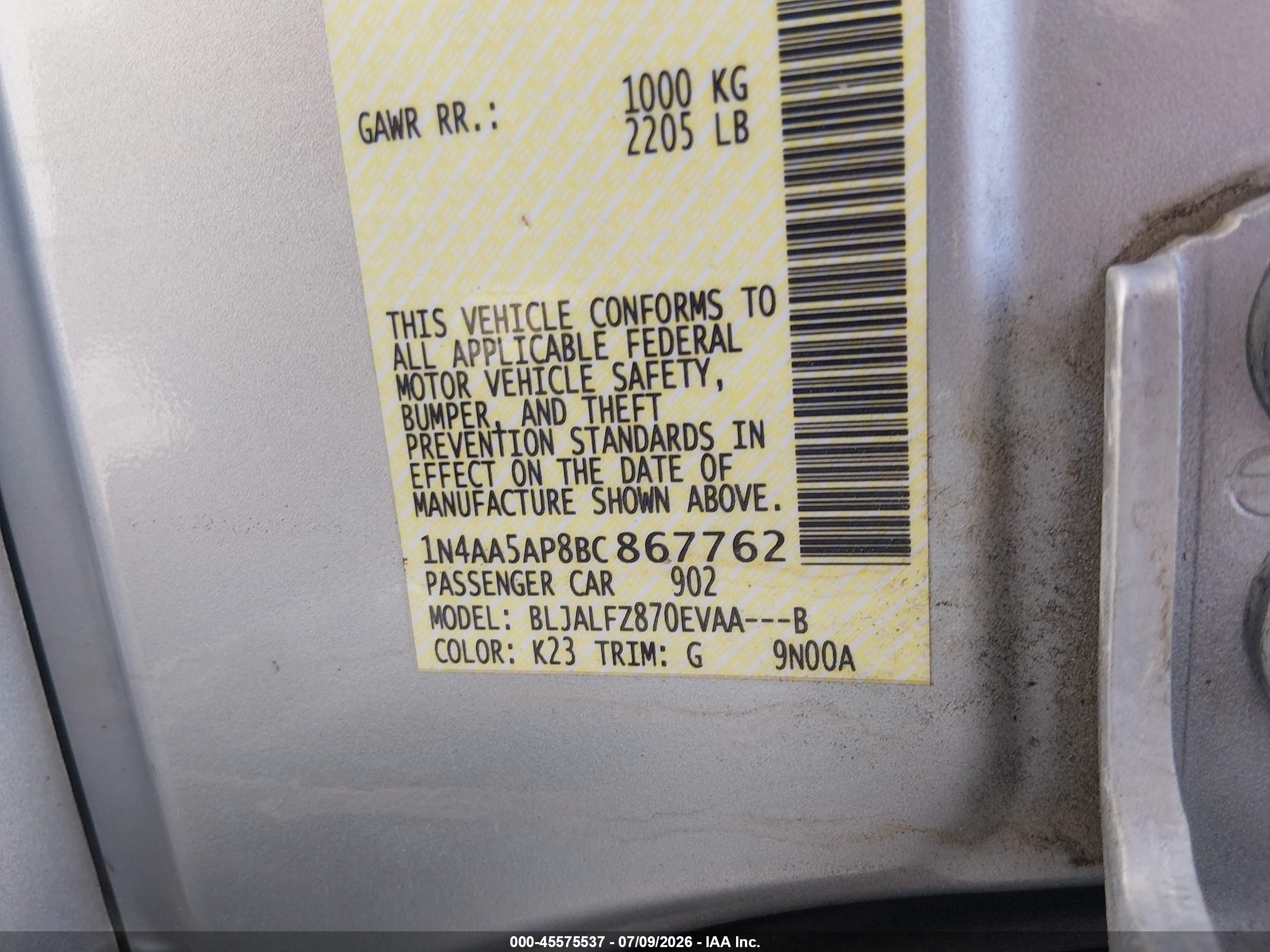 2011 Nissan Maxima 3.5 Sv Silver vin: 1N4AA5AP8BC867762