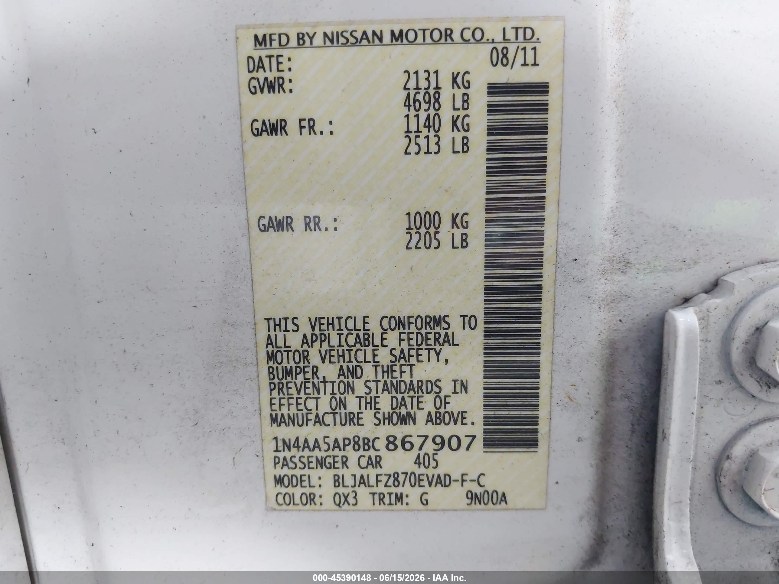 2011 Nissan Maxima 3.5 Sv White vin: 1N4AA5AP8BC867907