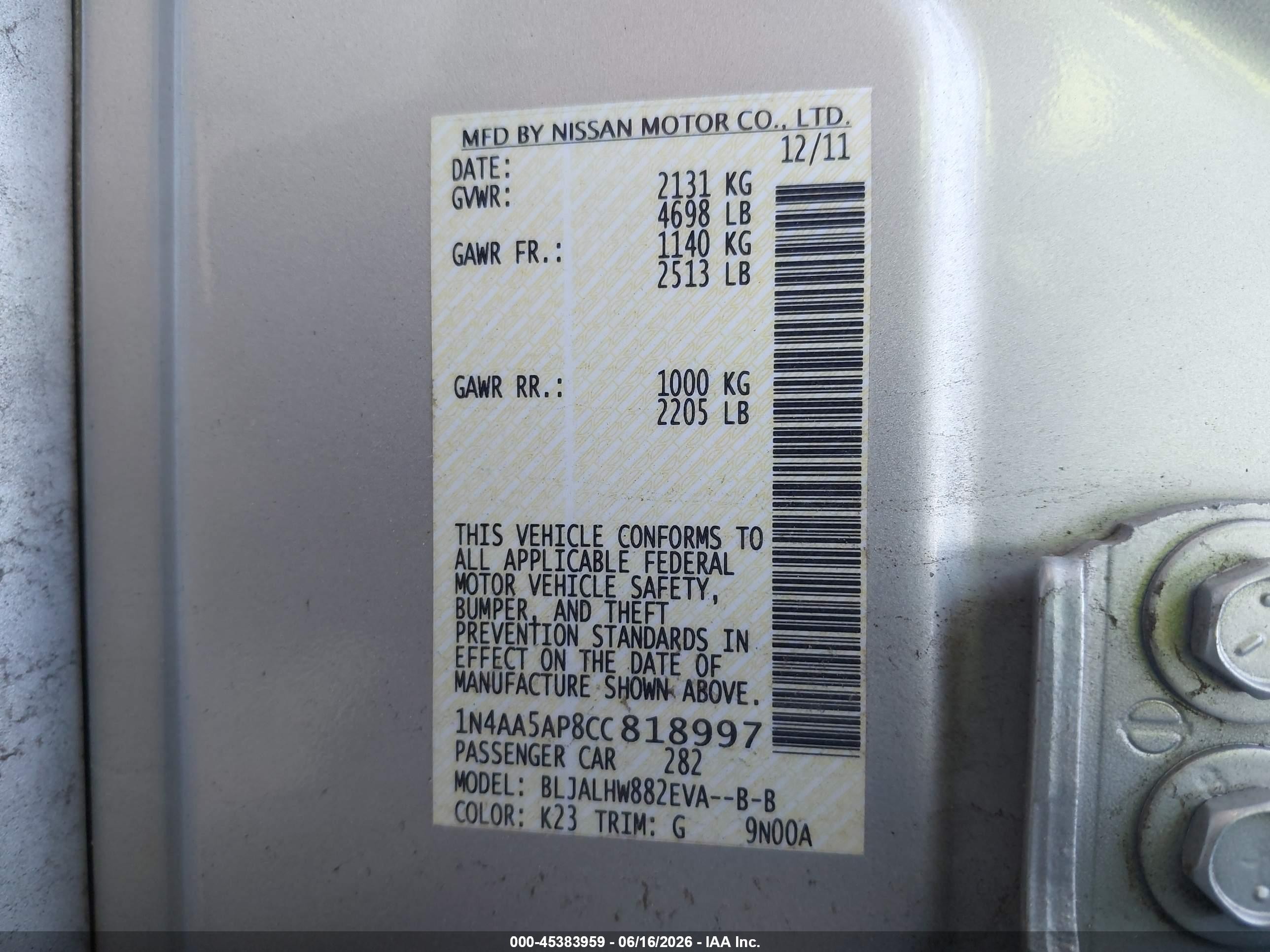 2012 Nissan Maxima 3.5 Sv Silver vin: 1N4AA5AP8CC818997
