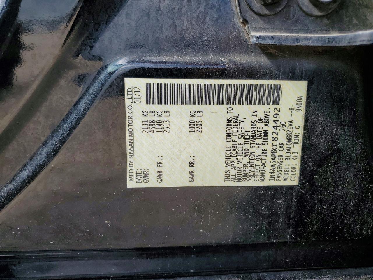 2012 Nissan Maxima 3.5 S Black vin: 1N4AA5AP8CC824492
