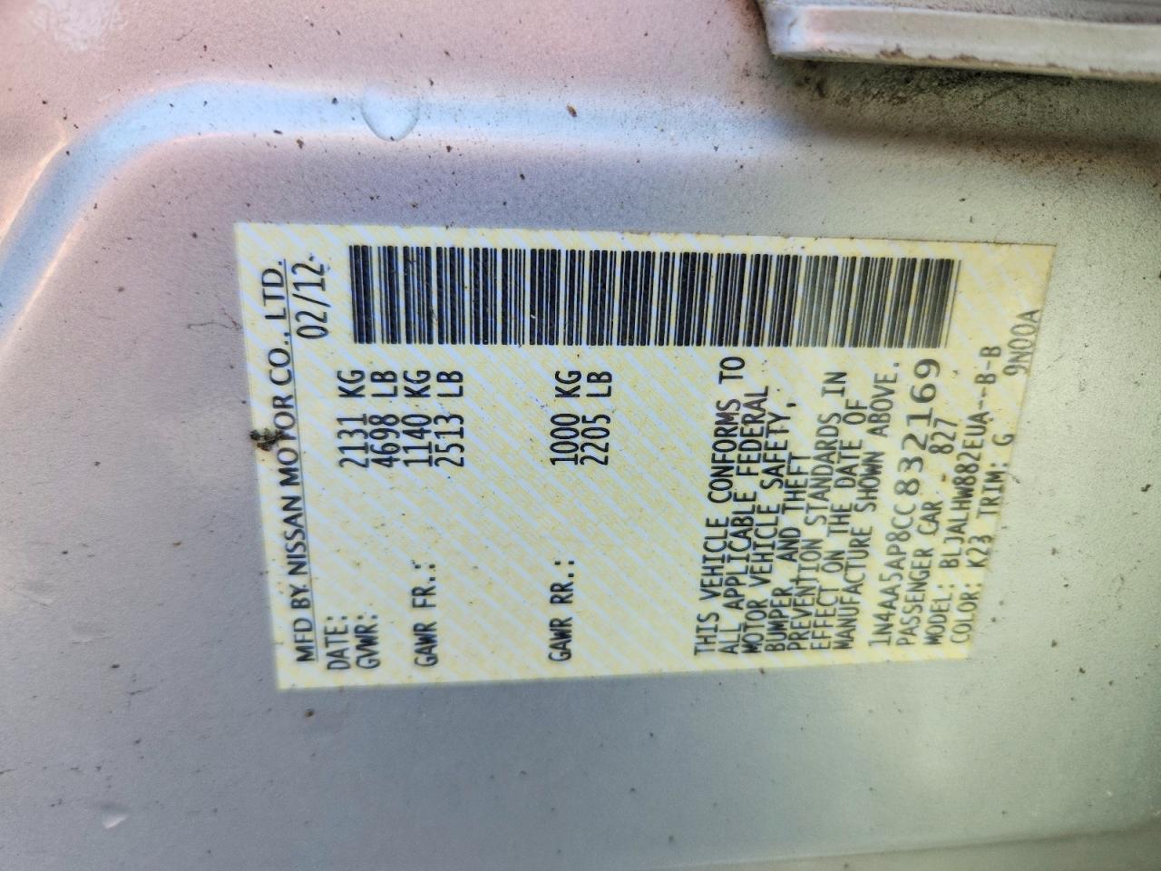 2012 Nissan Maxima 3.5 S Silver vin: 1N4AA5AP8CC832169