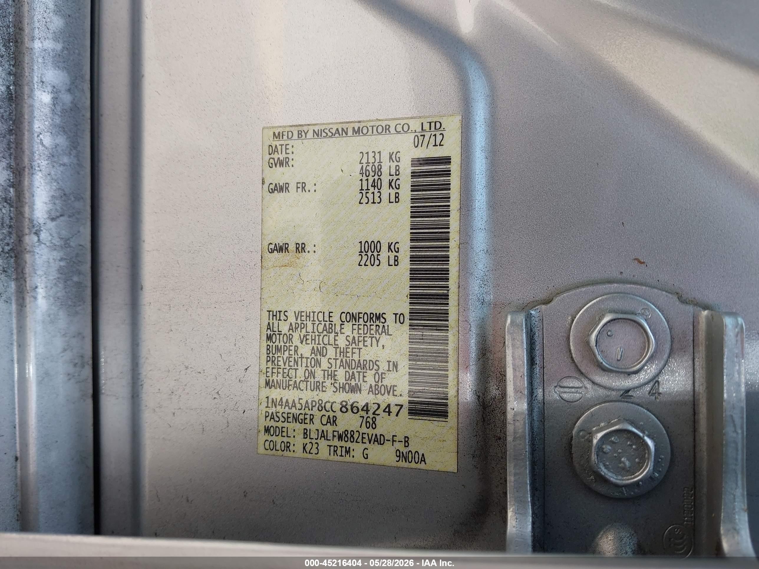 2012 Nissan Maxima 3.5 Sv Silver vin: 1N4AA5AP8CC864247