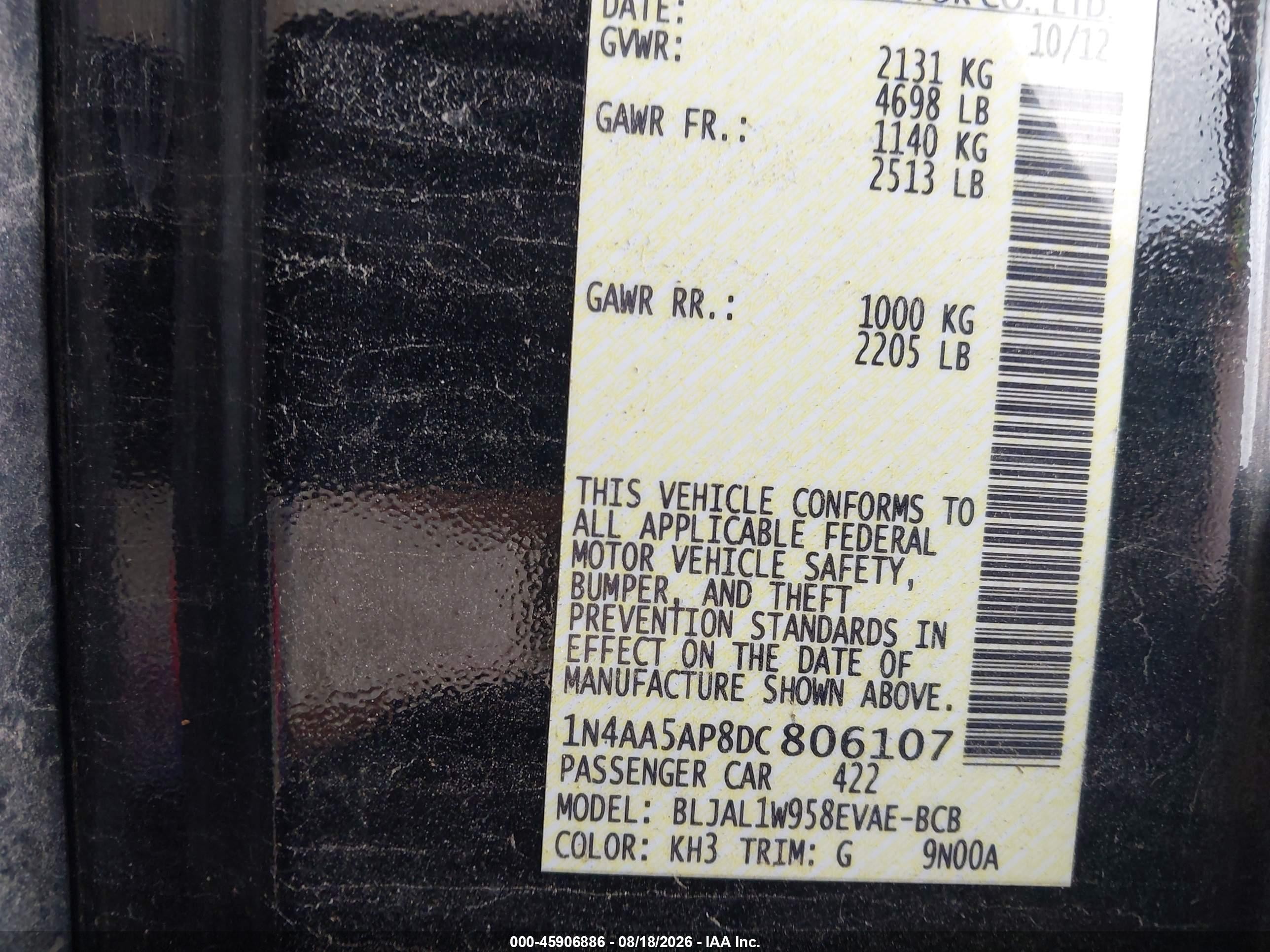 2013 Nissan Maxima 3.5 Sv Black vin: 1N4AA5AP8DC806107