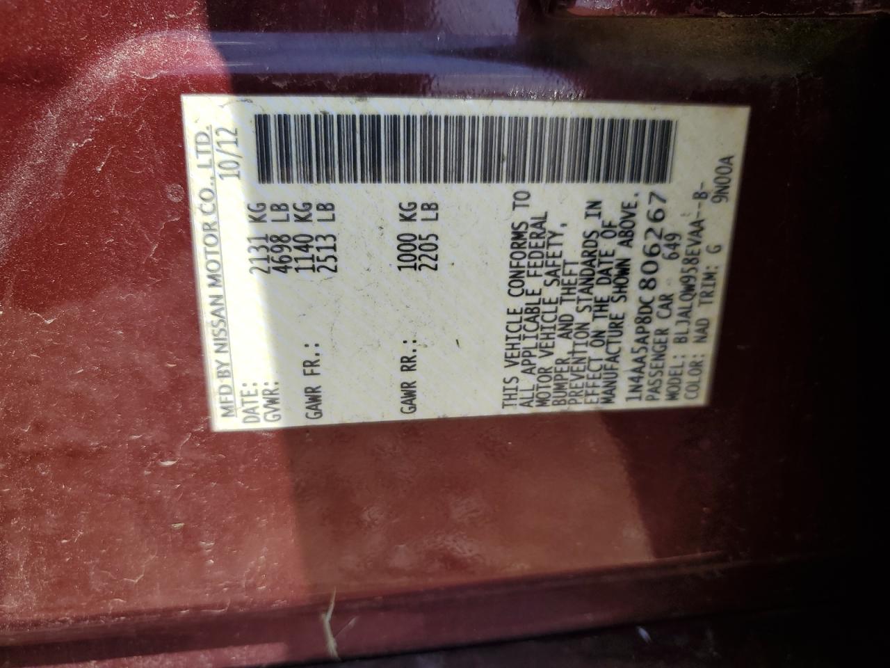 2013 Nissan Maxima S Maroon vin: 1N4AA5AP8DC806267