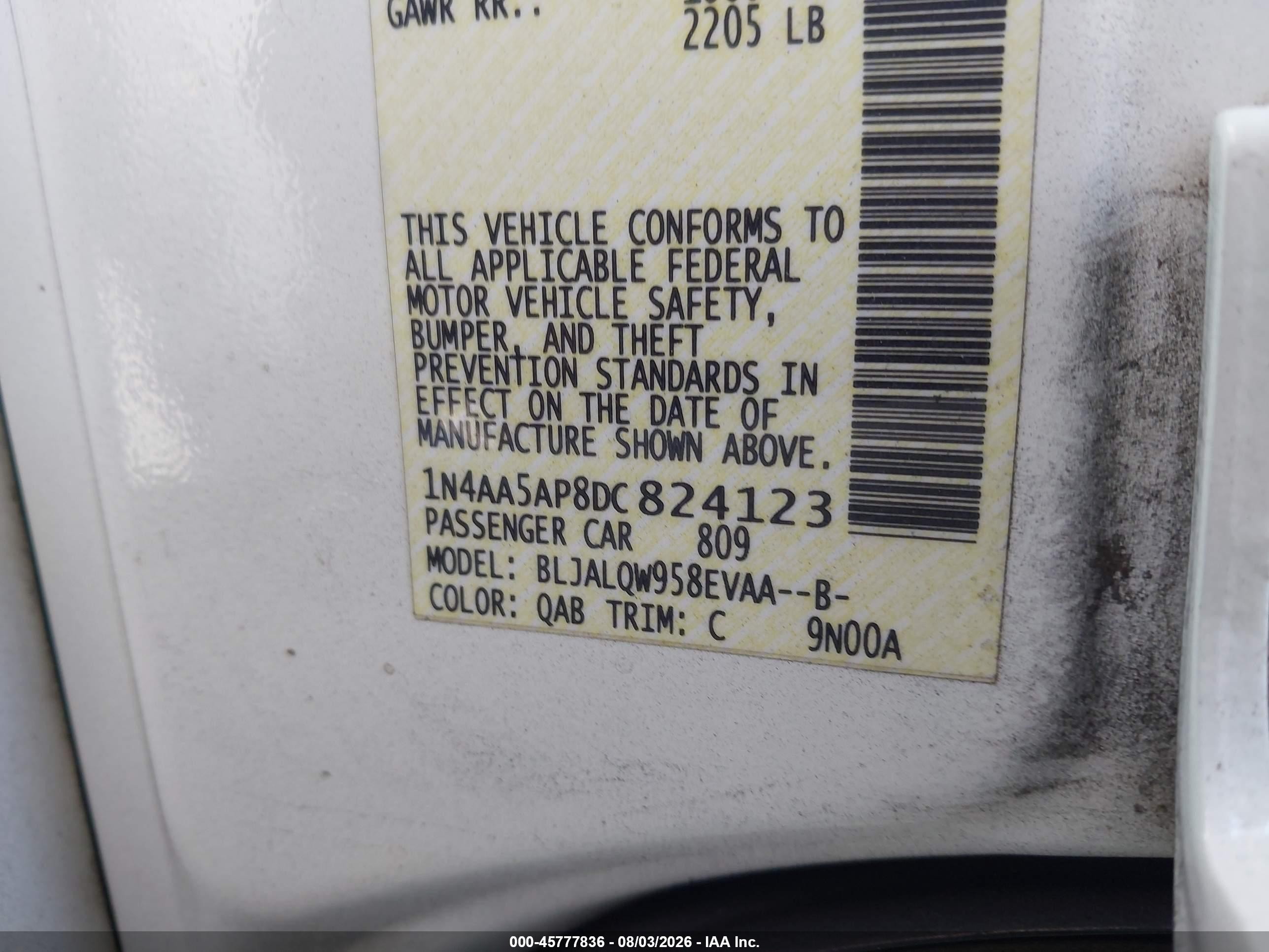 2013 Nissan Maxima 3.5 S White vin: 1N4AA5AP8DC824123
