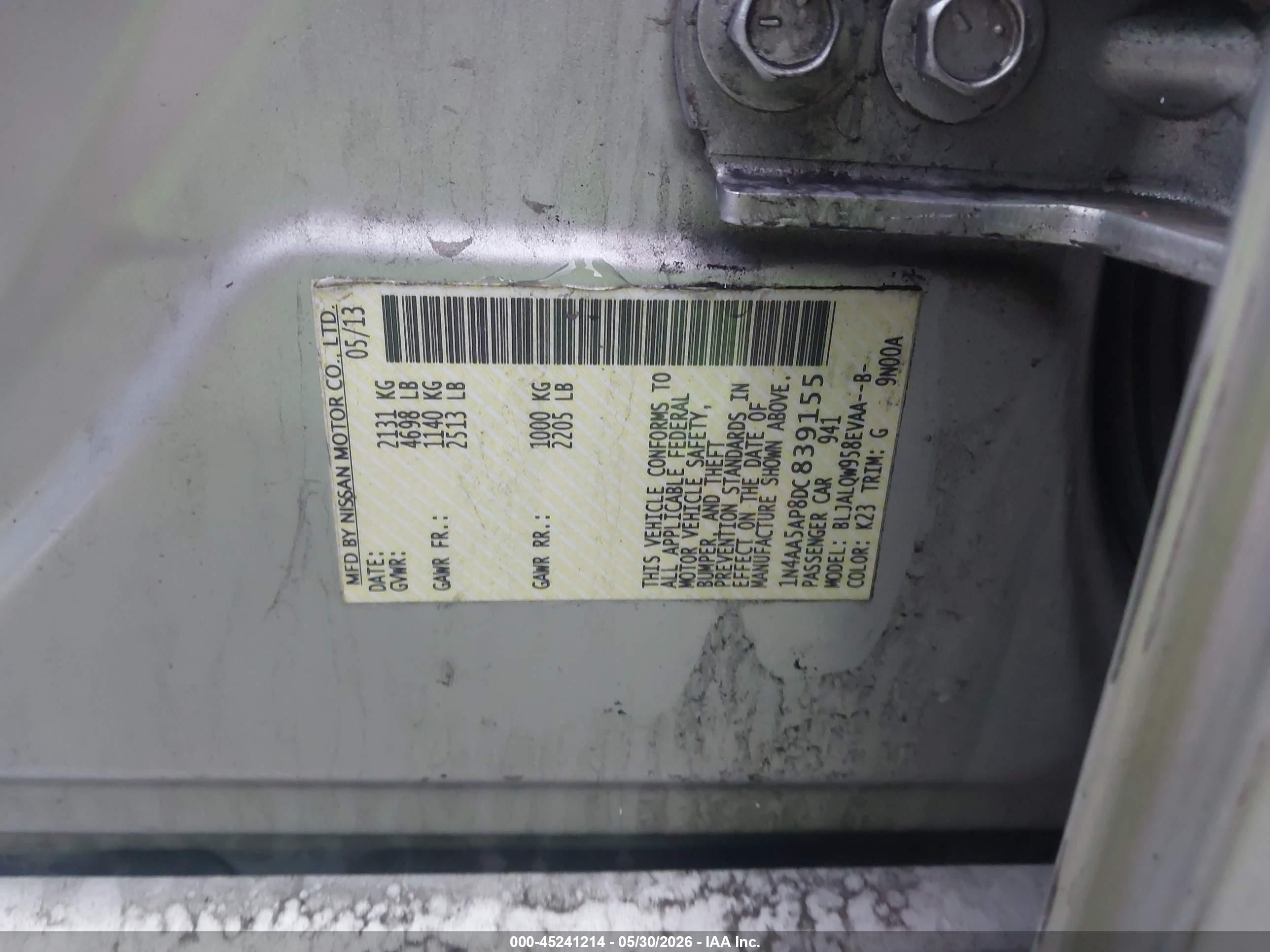 2013 Nissan Maxima 3.5 S Silver vin: 1N4AA5AP8DC839155