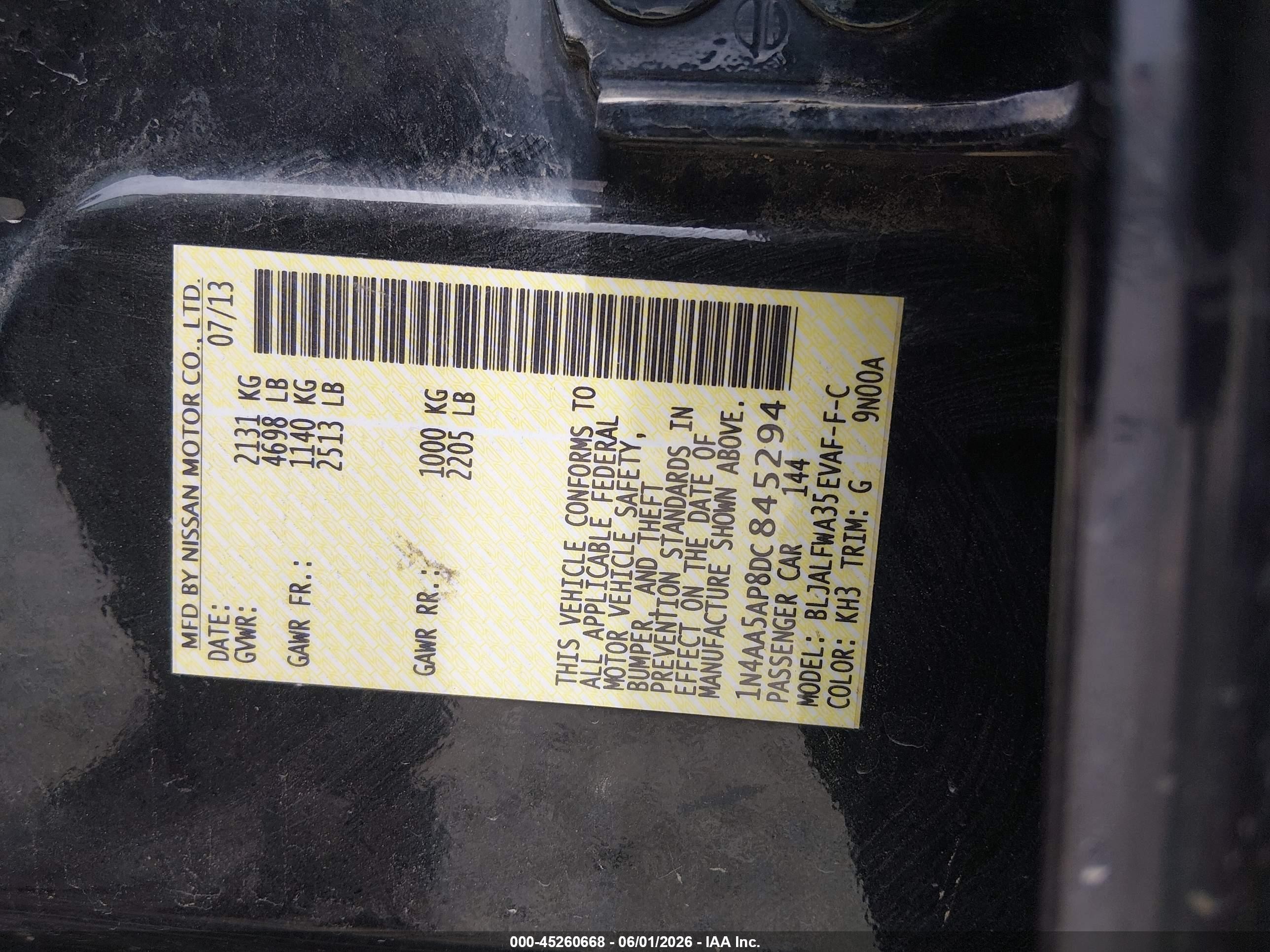 2013 Nissan Maxima 3.5 Sv Черный vin: 1N4AA5AP8DC845294