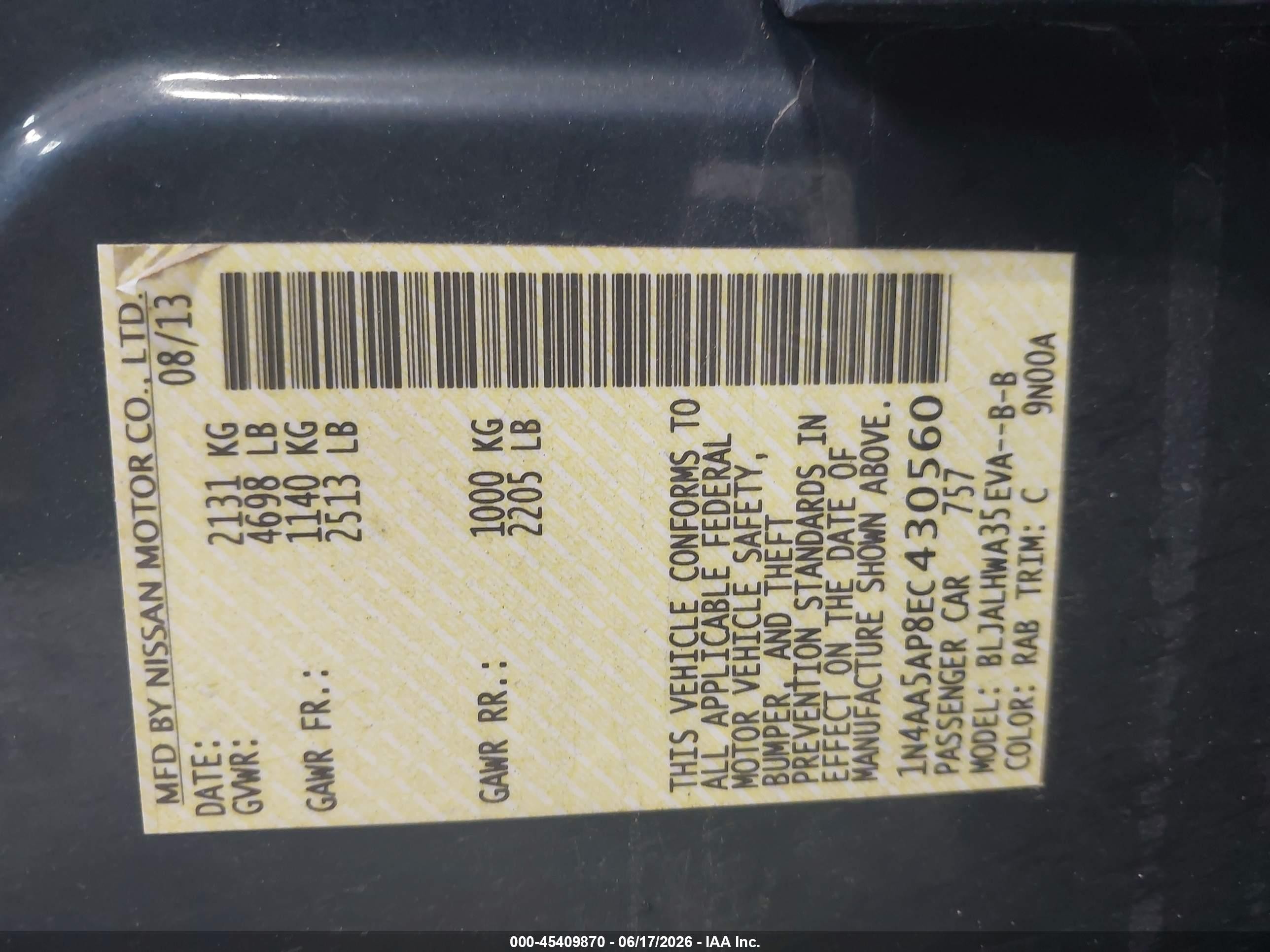2014 Nissan Maxima 3.5 Sv Blue vin: 1N4AA5AP8EC430560