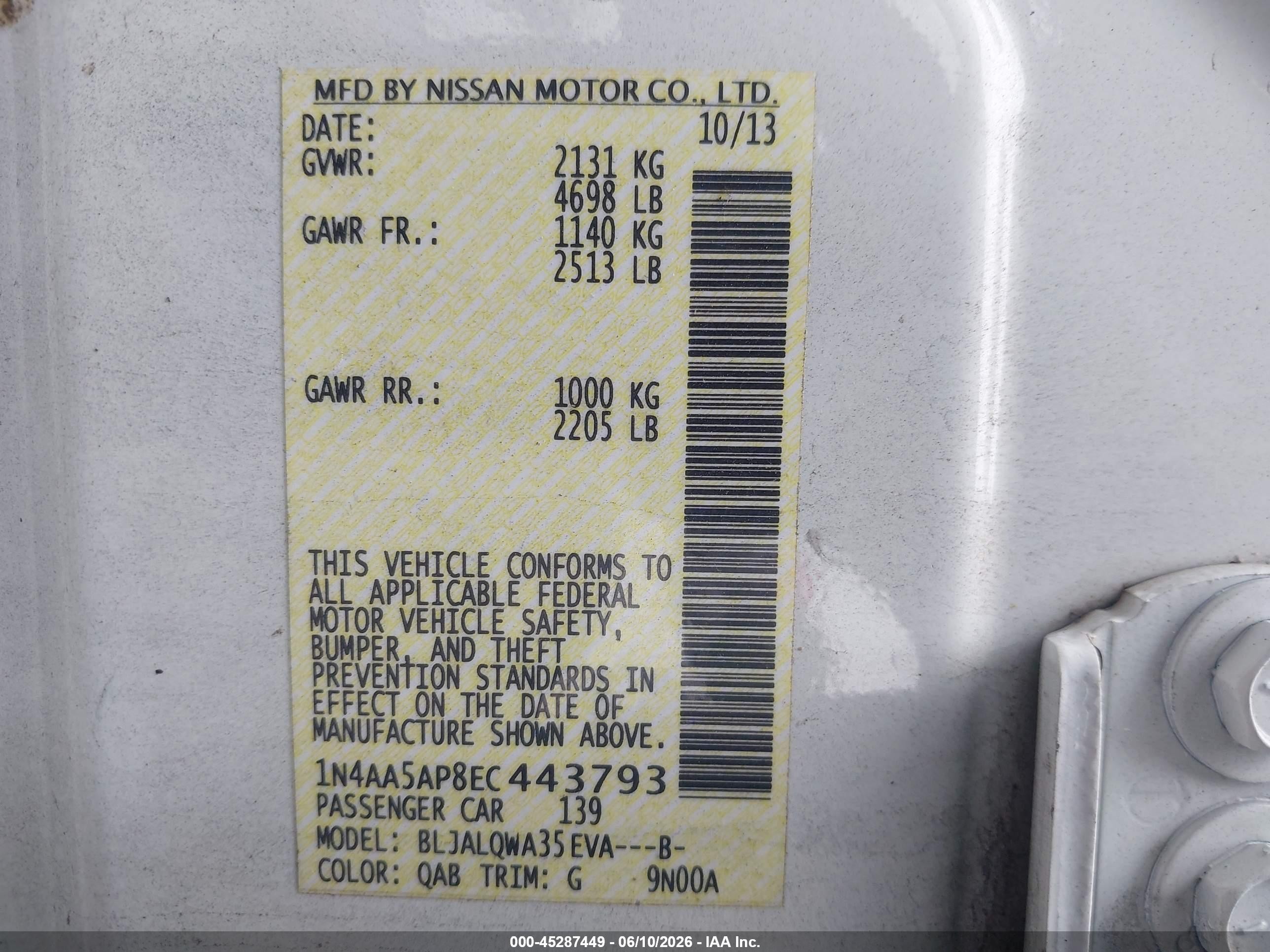 2014 Nissan Maxima 3.5 S White vin: 1N4AA5AP8EC443793
