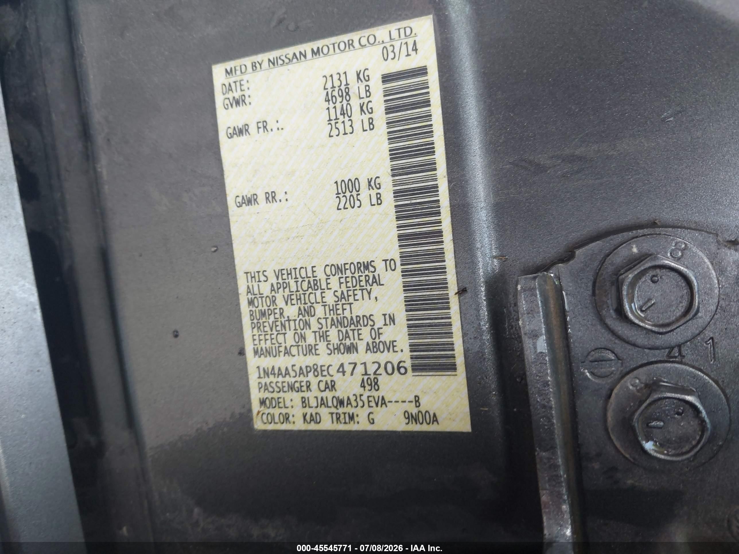 2014 Nissan Maxima 3.5 S Gray vin: 1N4AA5AP8EC471206