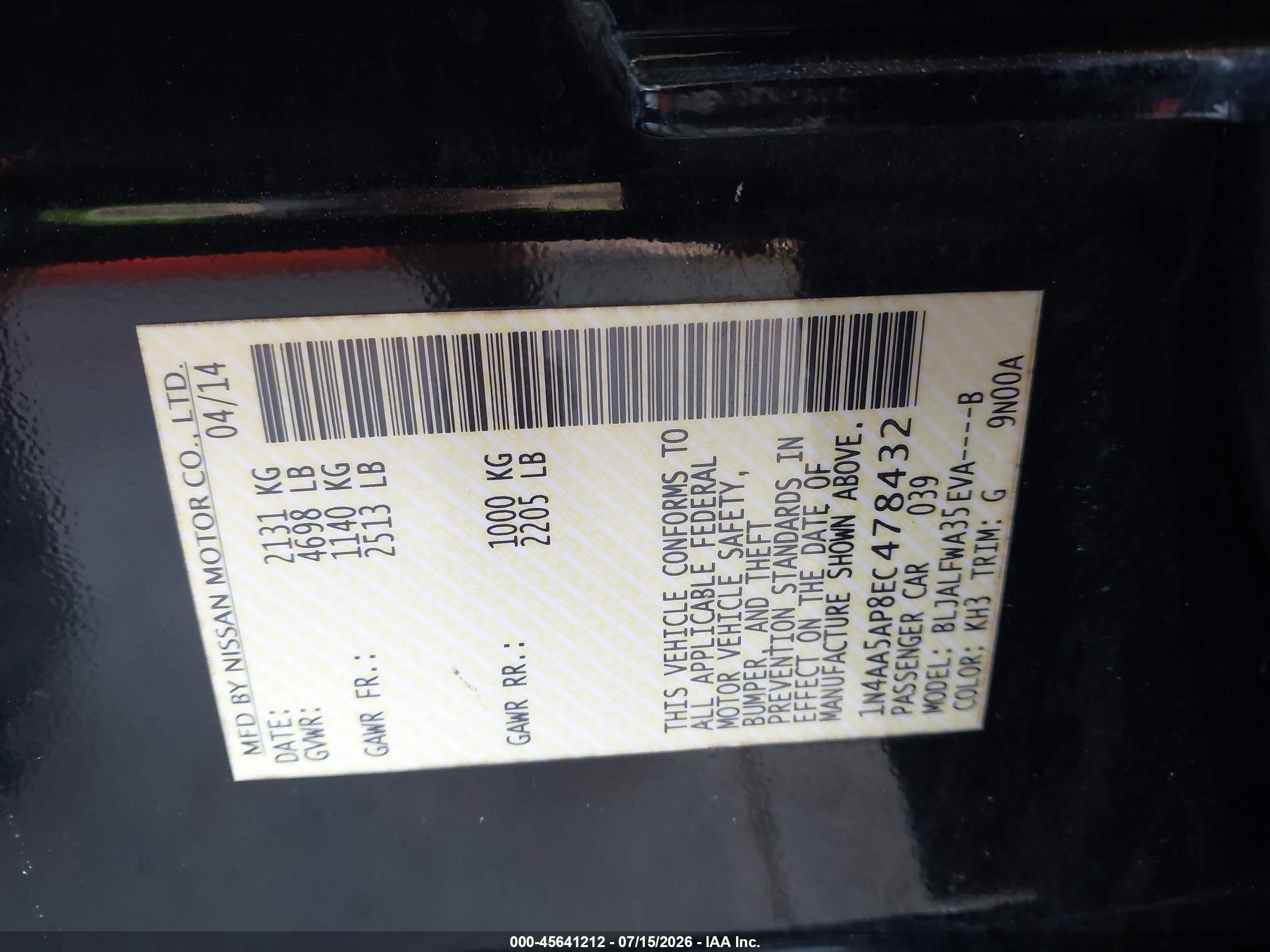 2014 Nissan Maxima 3.5 Sv Black vin: 1N4AA5AP8EC478432