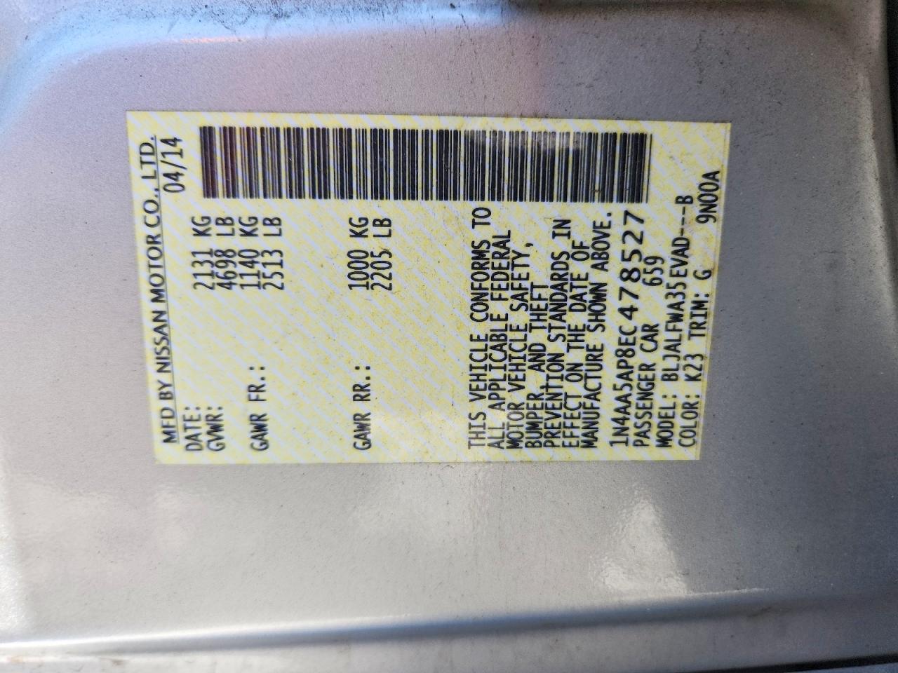 2014 Nissan Maxima 3.5 Sv Silver vin: 1N4AA5AP8EC478527