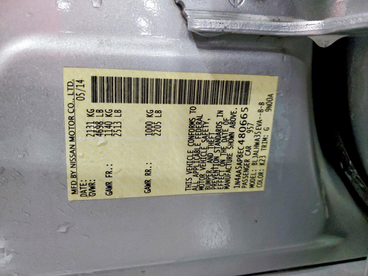 2014 Nissan Maxima 3.5 Sv Silver vin: 1N4AA5AP8EC480665