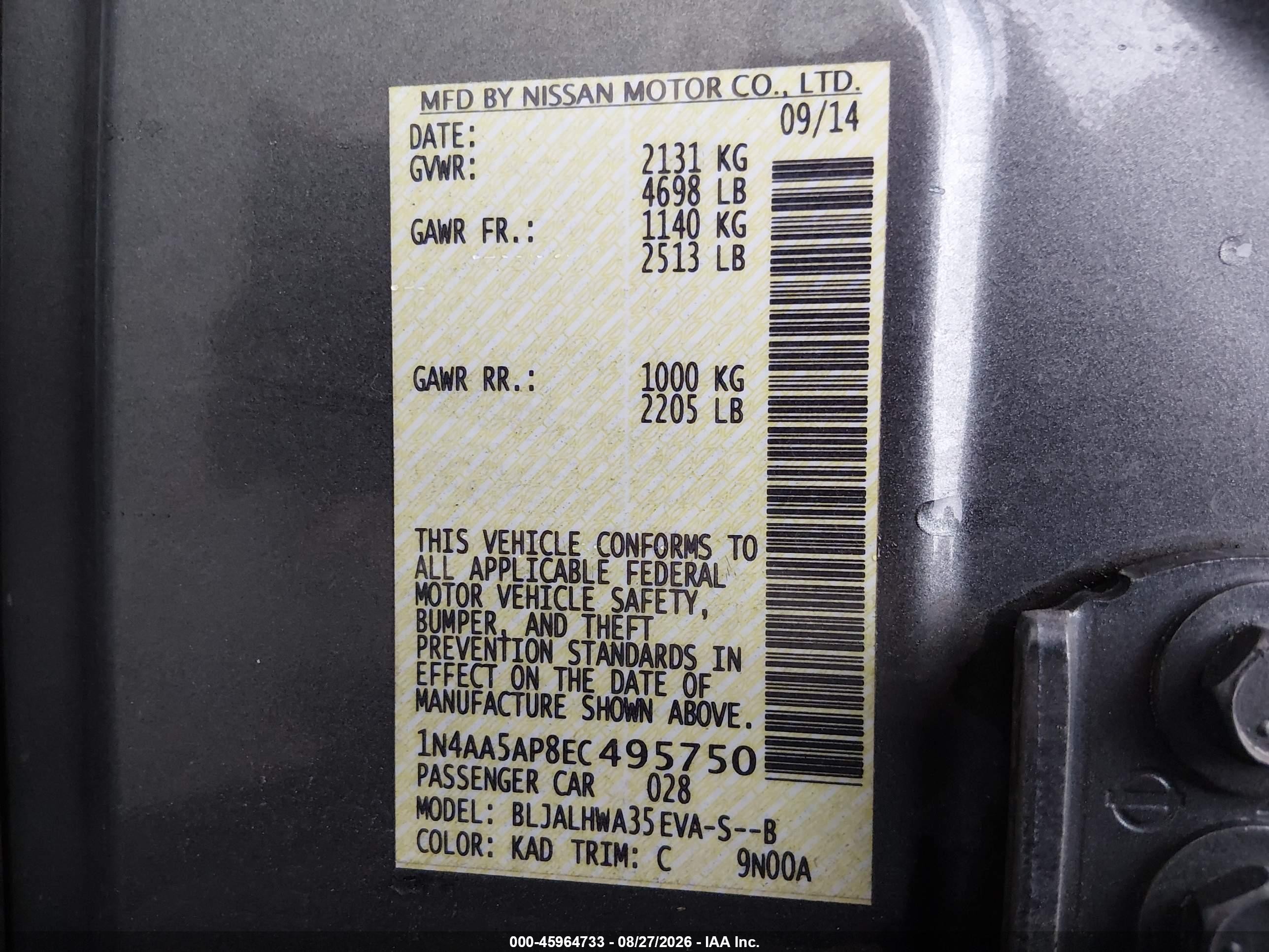2014 Nissan Maxima 3.5 Sv Gray vin: 1N4AA5AP8EC495750
