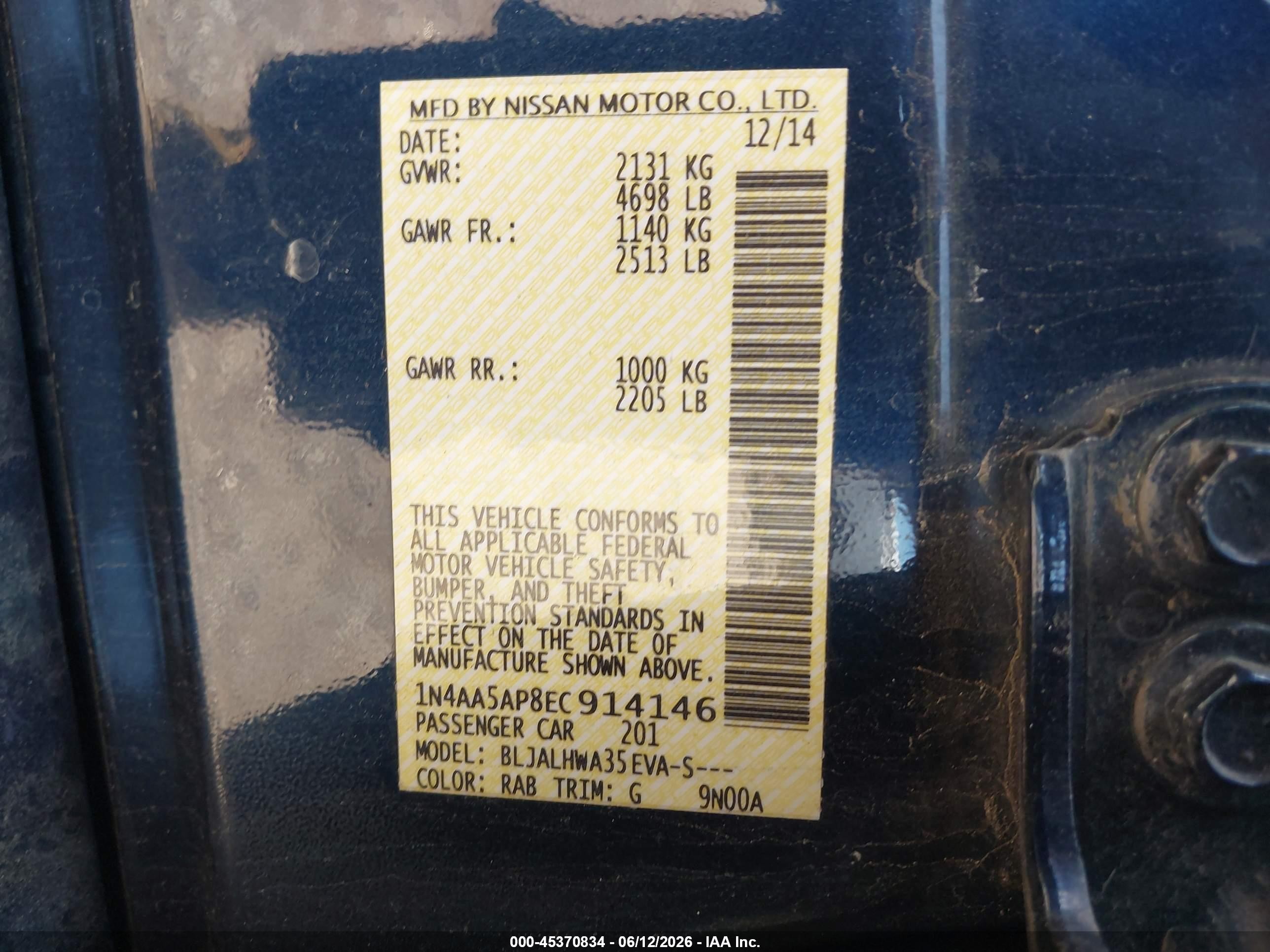 2014 Nissan Maxima 3.5 Sv Blue vin: 1N4AA5AP8EC914146