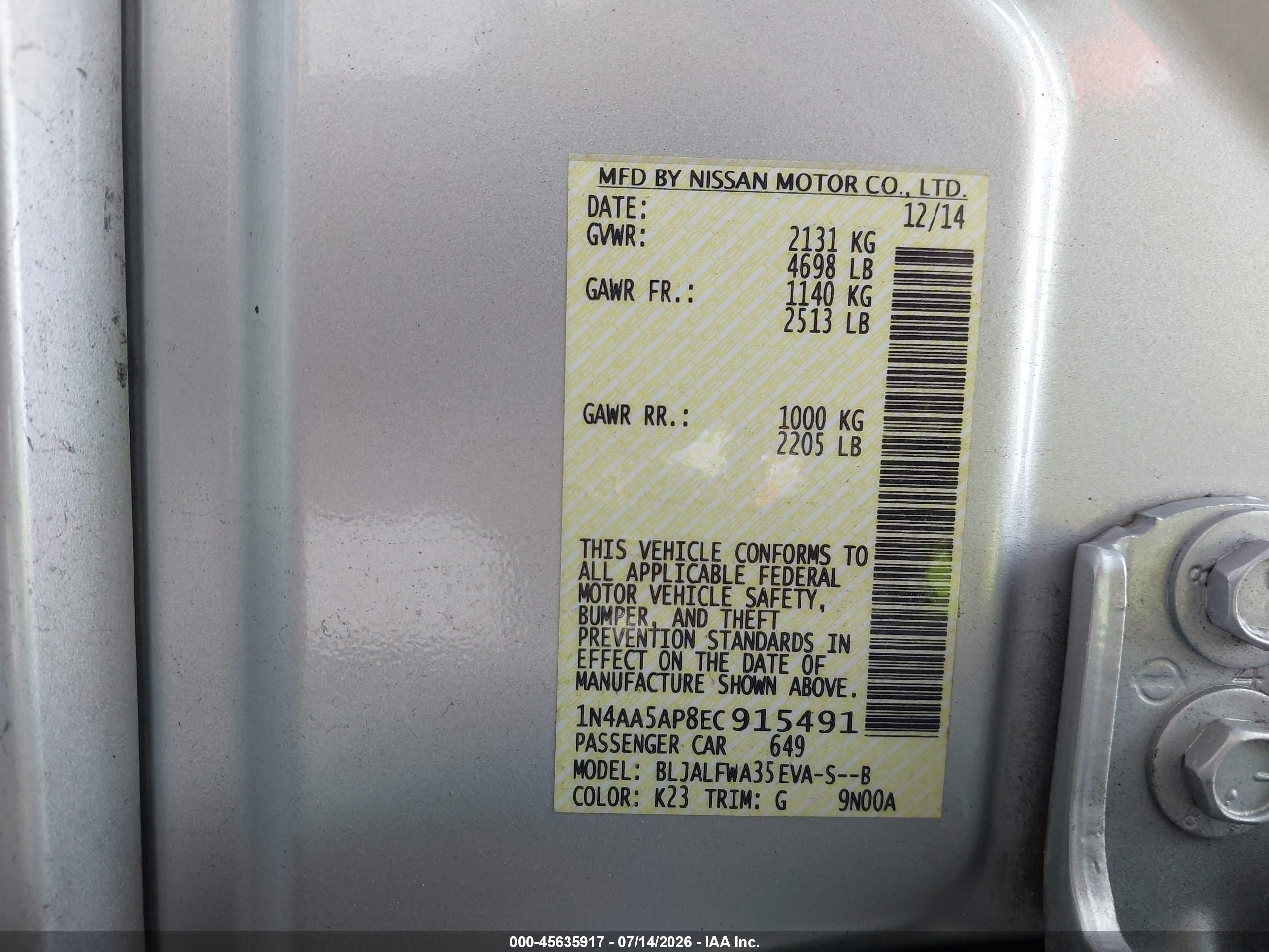 2014 Nissan Maxima 3.5 Sv Silver vin: 1N4AA5AP8EC915491