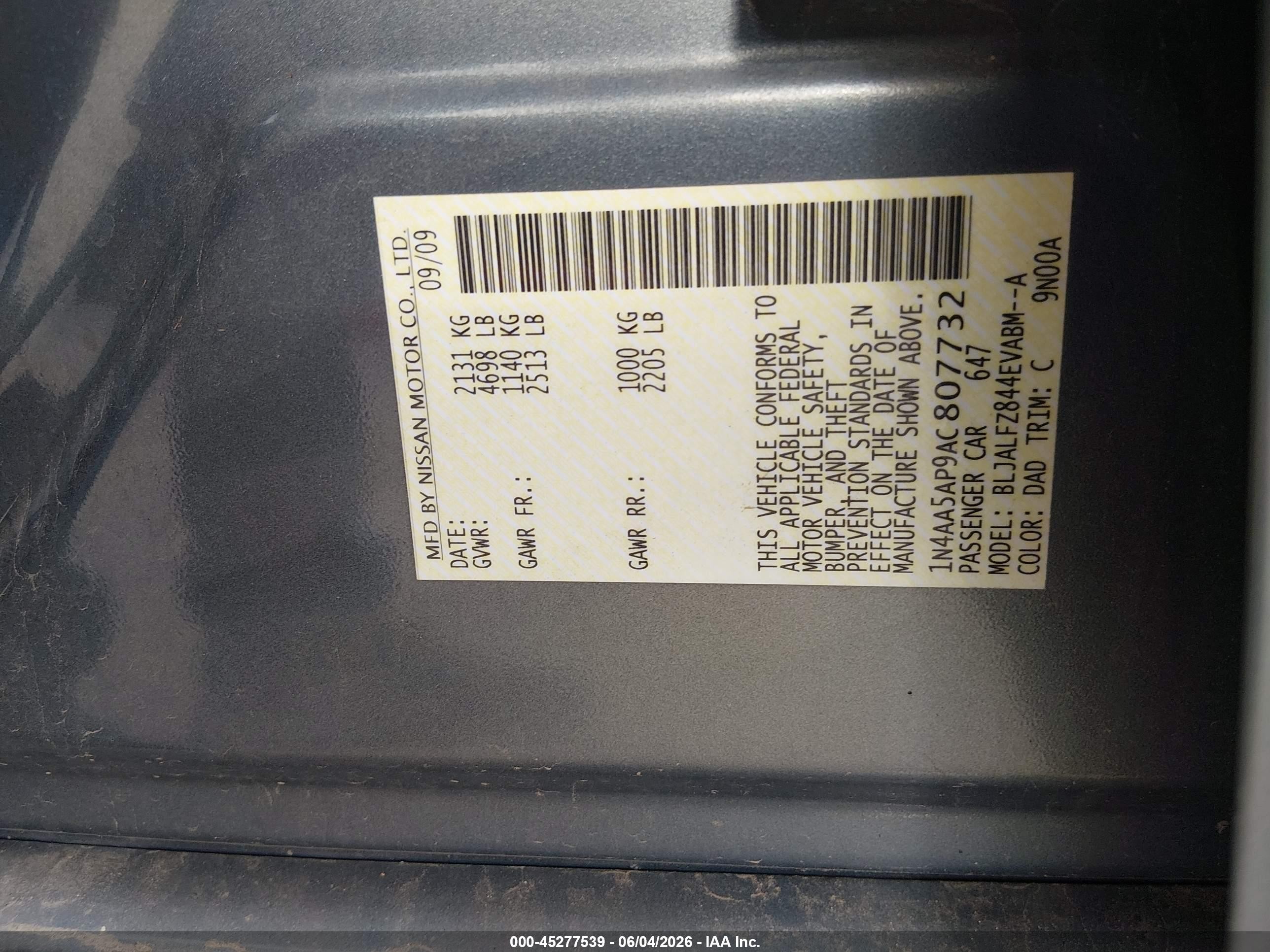 2010 Nissan Maxima 3.5 Sv Gray vin: 1N4AA5AP9AC807732