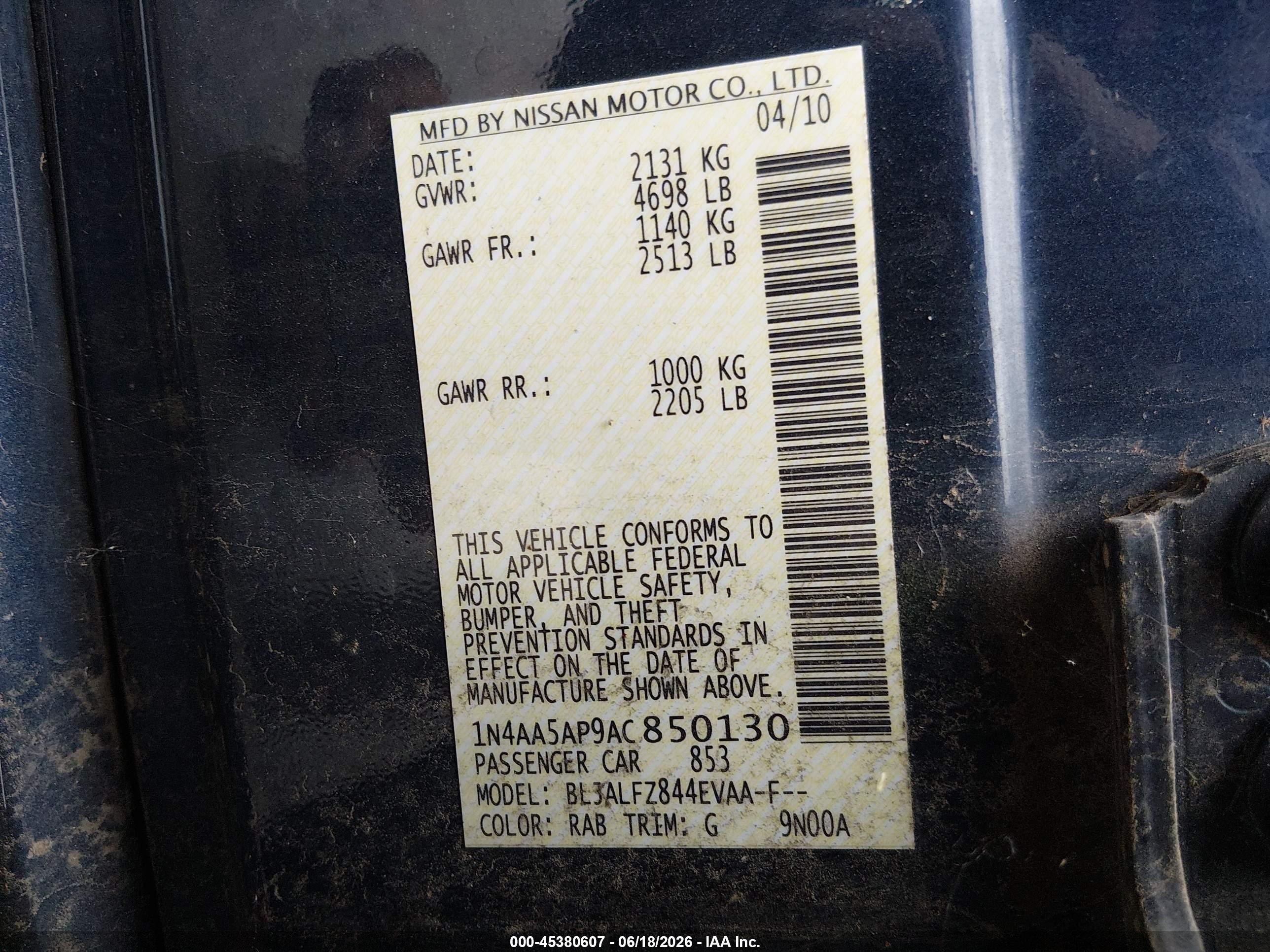 2010 Nissan Maxima 3.5 Sv Blue vin: 1N4AA5AP9AC850130