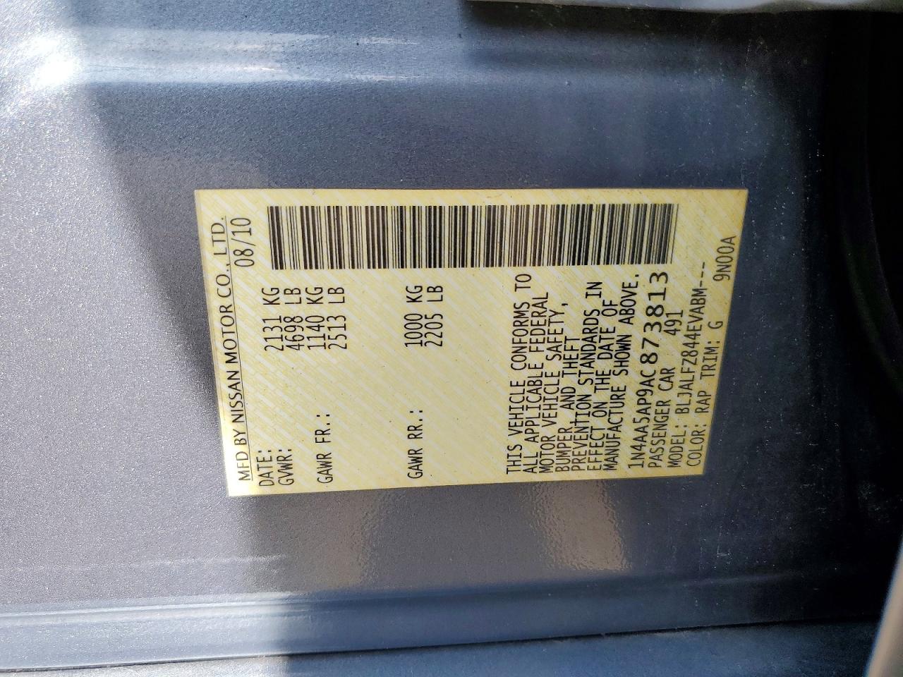 2010 Nissan Maxima 3.5 S Blue vin: 1N4AA5AP9AC873813