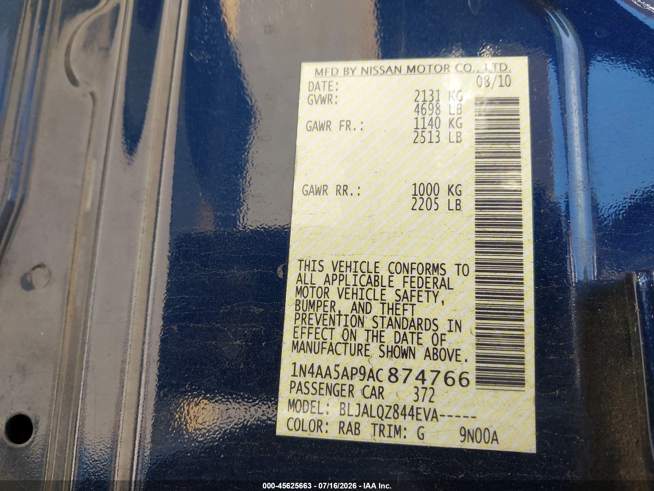 2010 Nissan Maxima 3.5 S Серебряный vin: 1N4AA5AP9AC874766