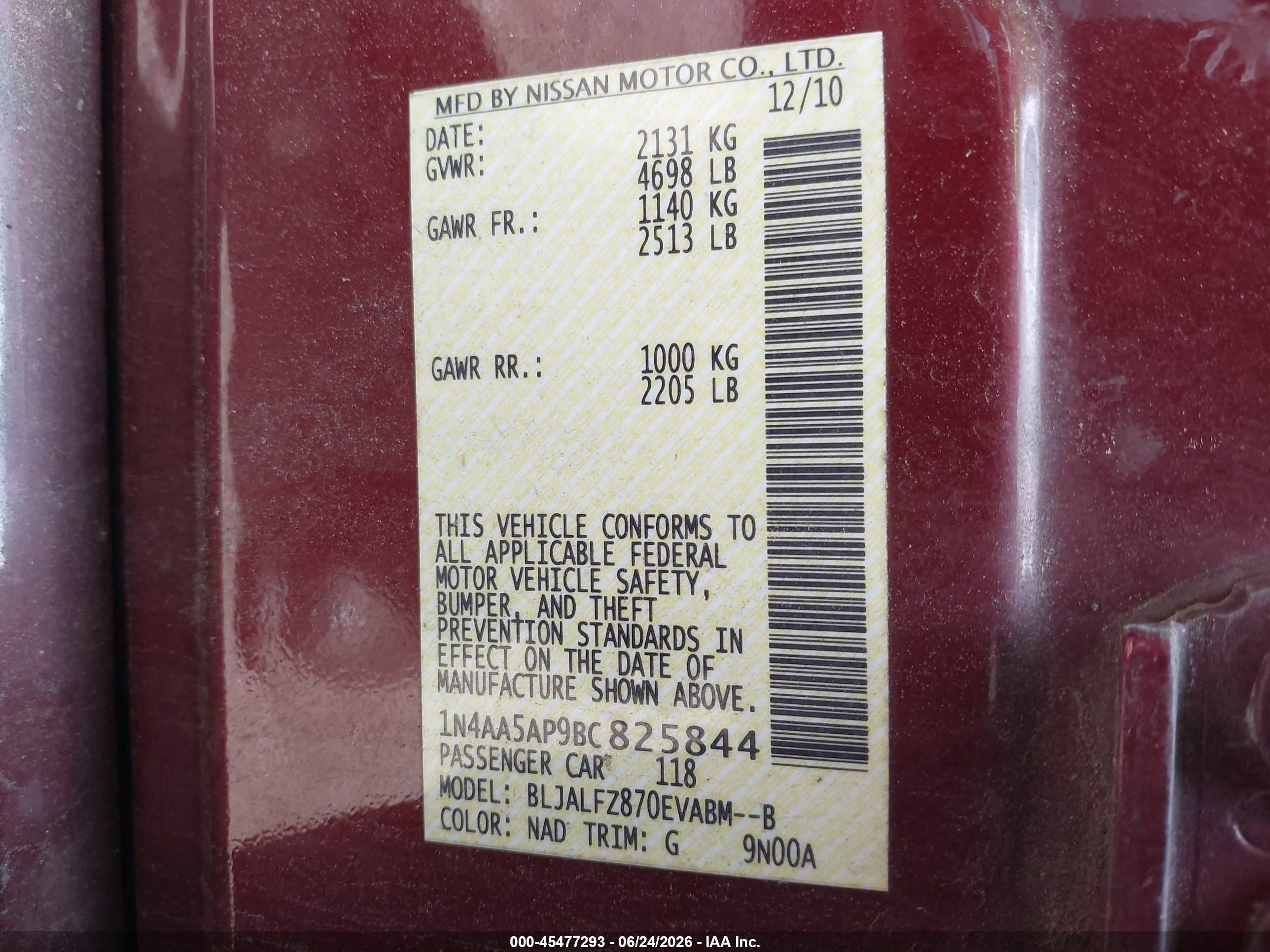 2011 Nissan Maxima 3.5 Sv Maroon vin: 1N4AA5AP9BC825844