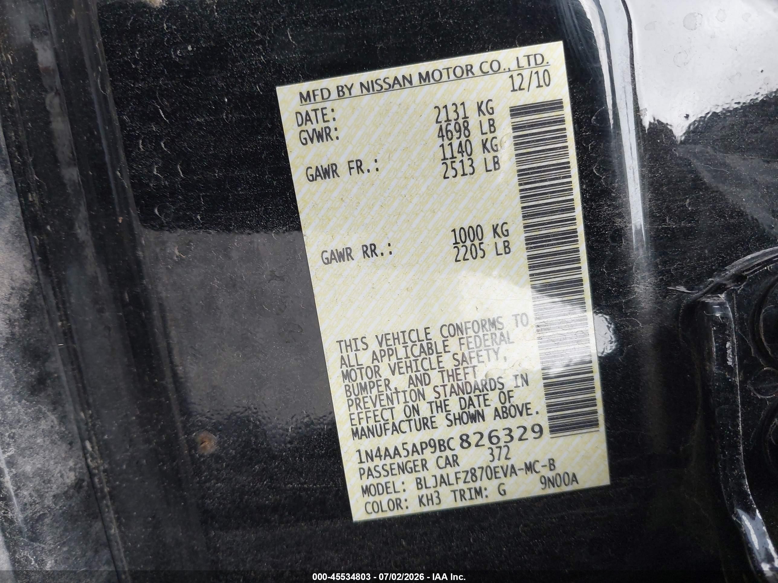 2011 Nissan Maxima 3.5 Sv Black vin: 1N4AA5AP9BC826329