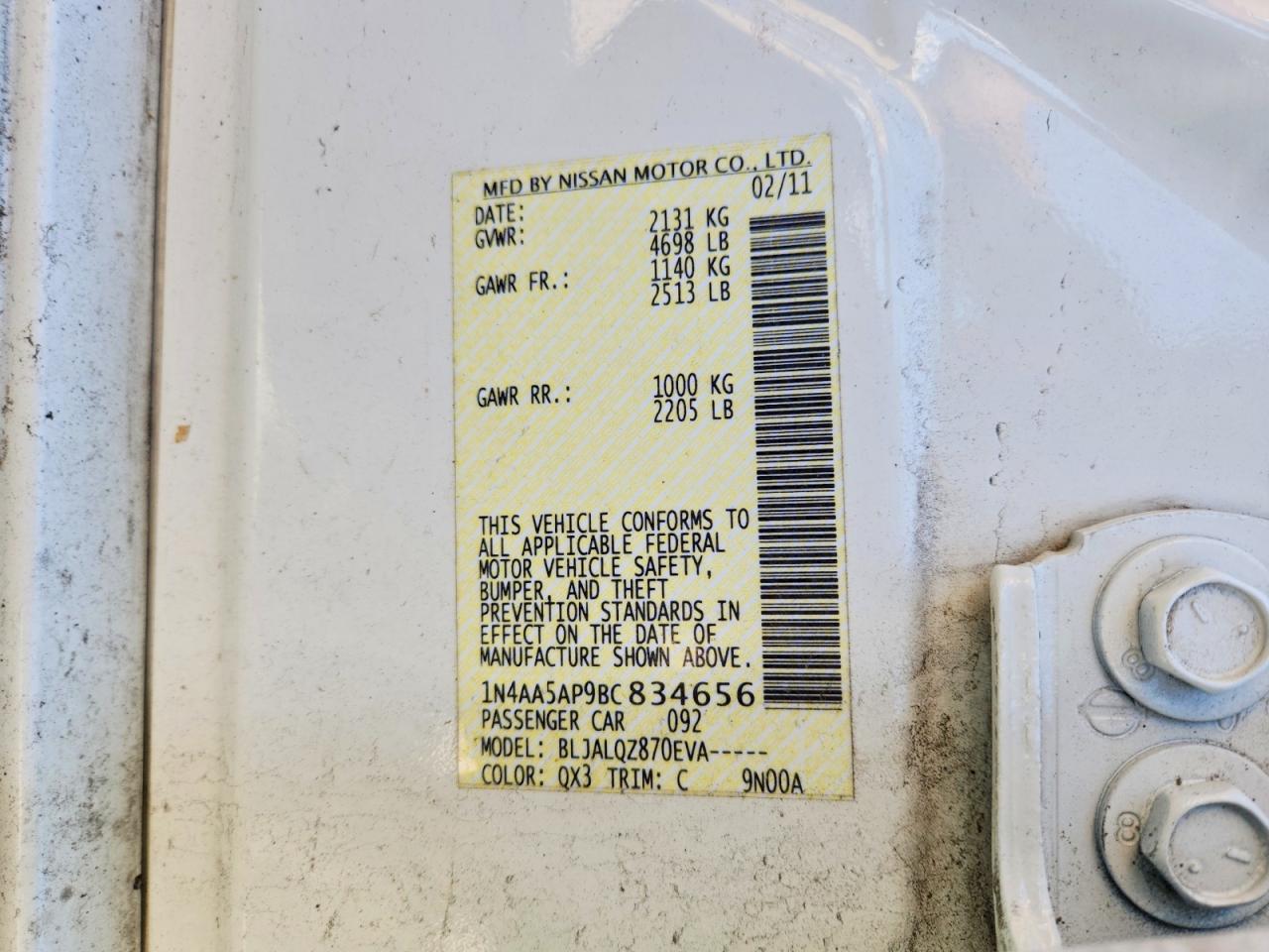 2011 Nissan Maxima 3.5 S White vin: 1N4AA5AP9BC834656