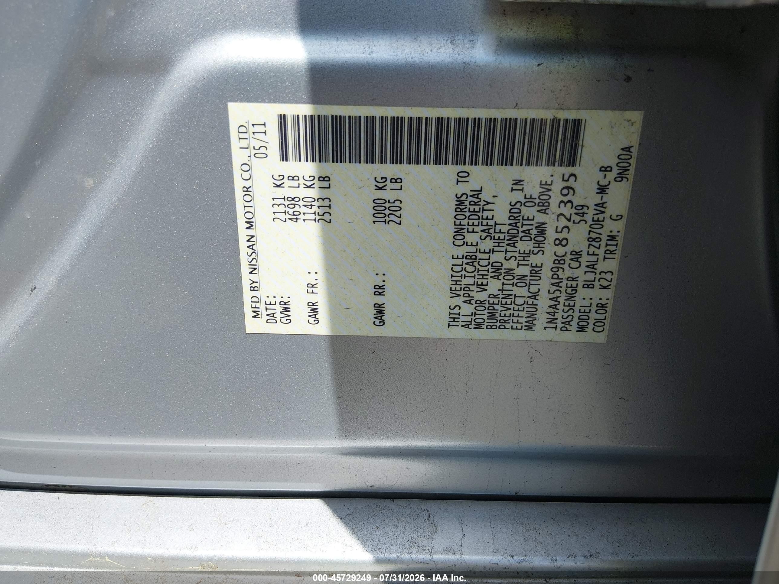 2011 Nissan Maxima 3.5 Sv Silver vin: 1N4AA5AP9BC852395