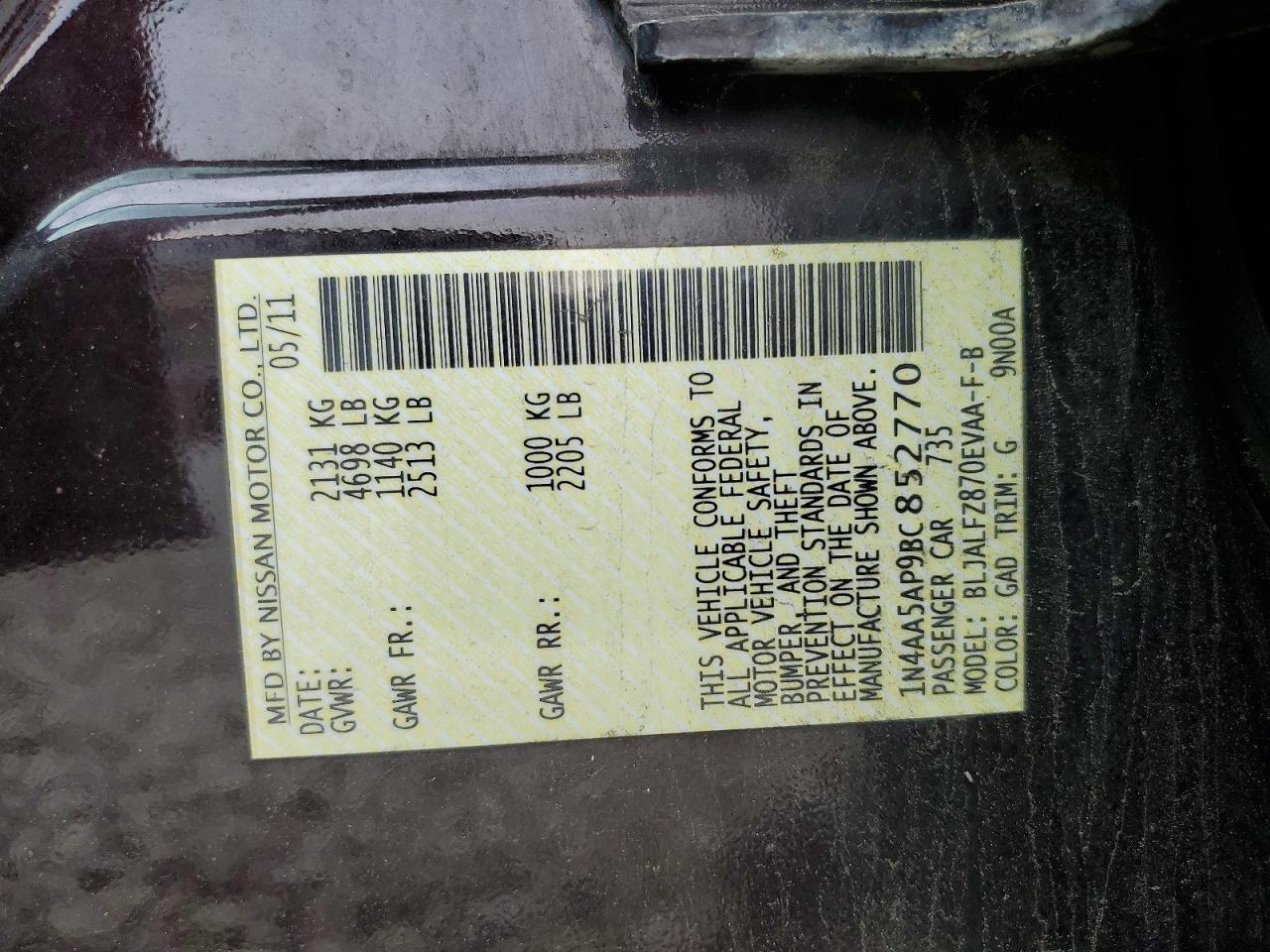 2011 Nissan Maxima 3.5 S Black vin: 1N4AA5AP9BC852770