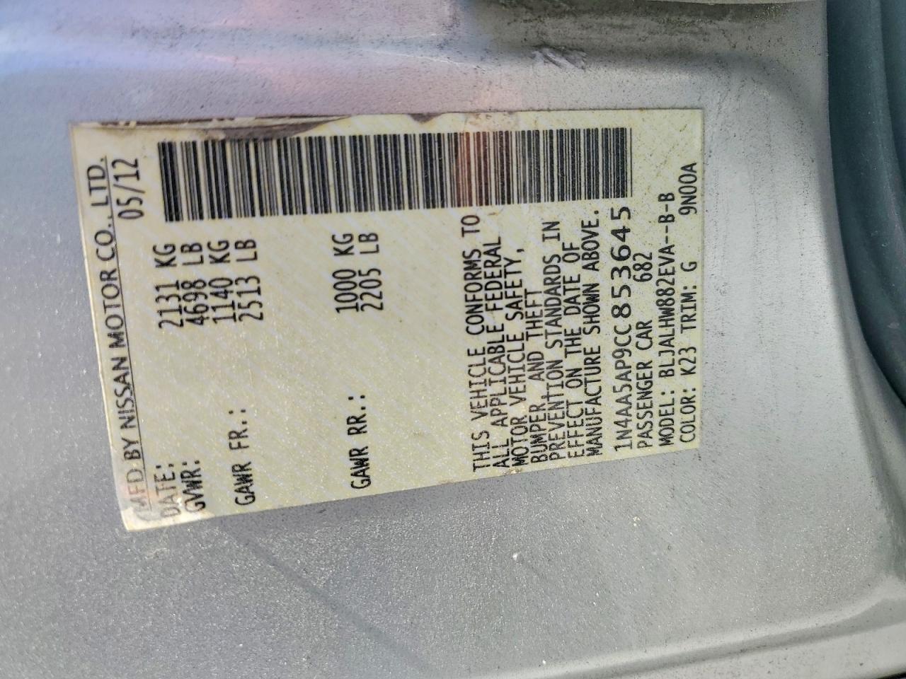 2012 Nissan Maxima 3.5 S Silver vin: 1N4AA5AP9CC853645