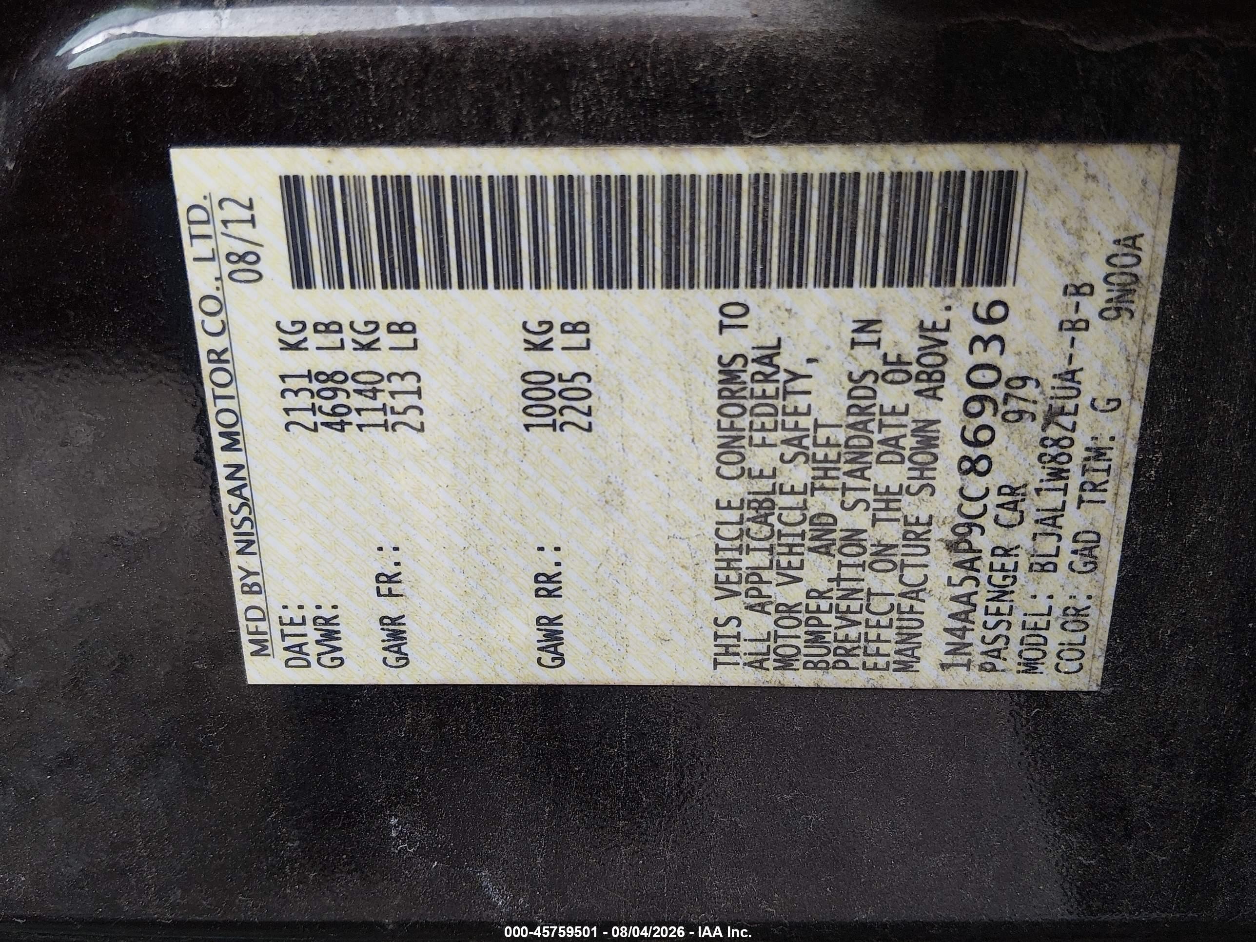 2012 Nissan Maxima 3.5 Sv Black vin: 1N4AA5AP9CC869036