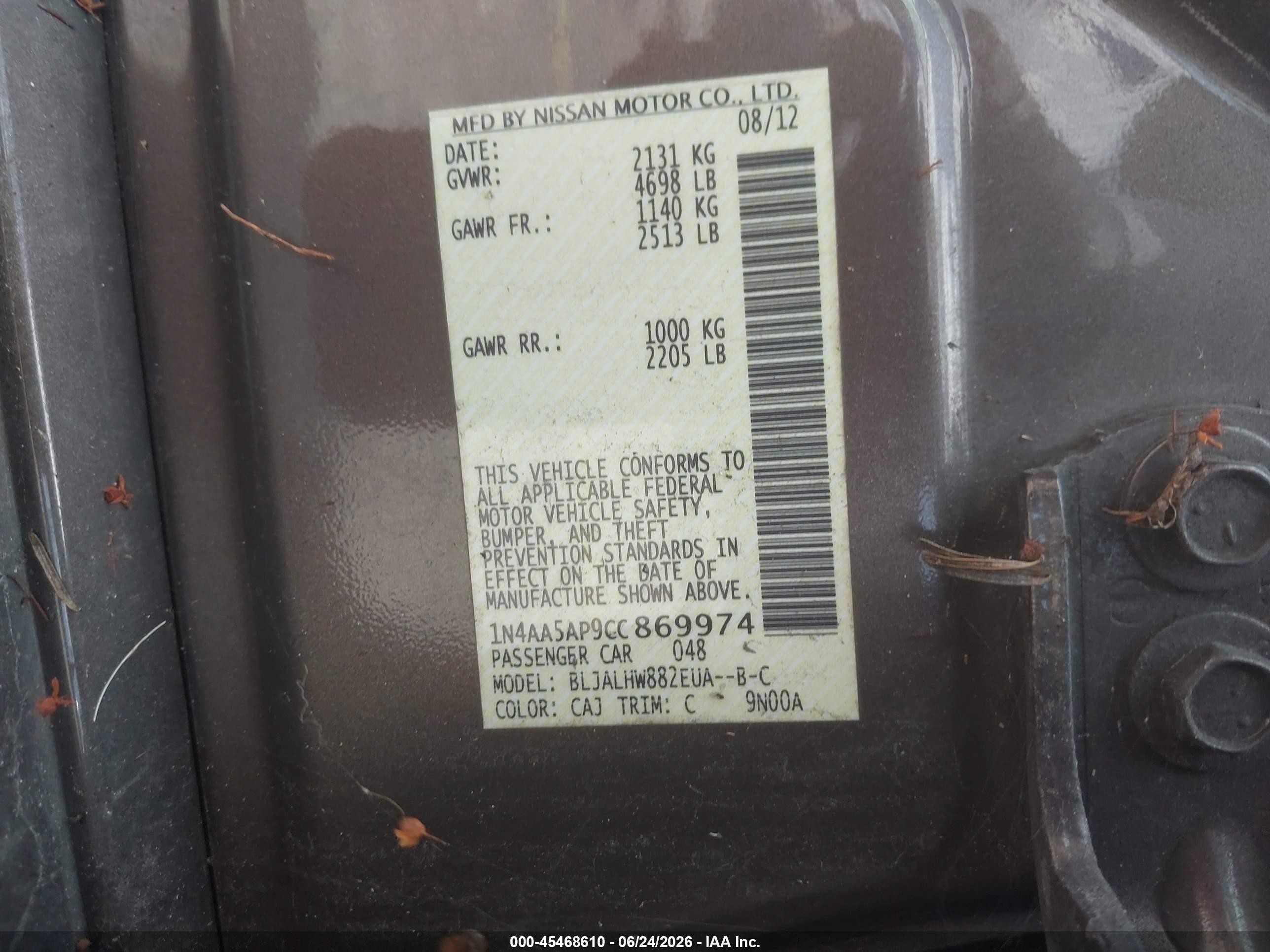 2012 Nissan Maxima 3.5 Sv Brown vin: 1N4AA5AP9CC869974