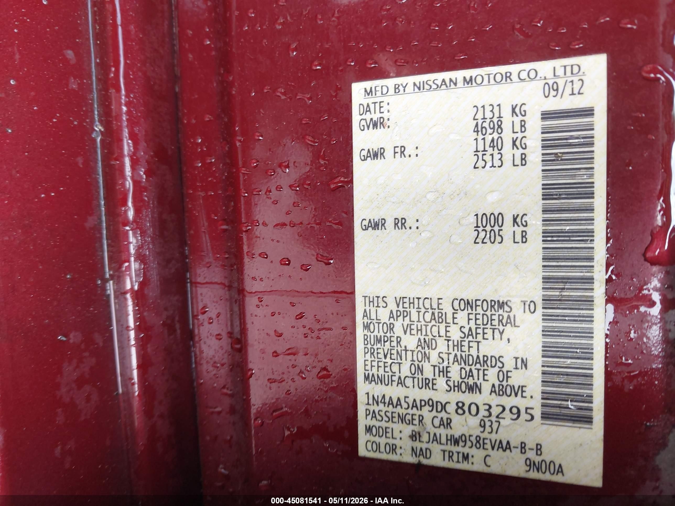 2013 Nissan Maxima 3.5 Sv Maroon vin: 1N4AA5AP9DC803295
