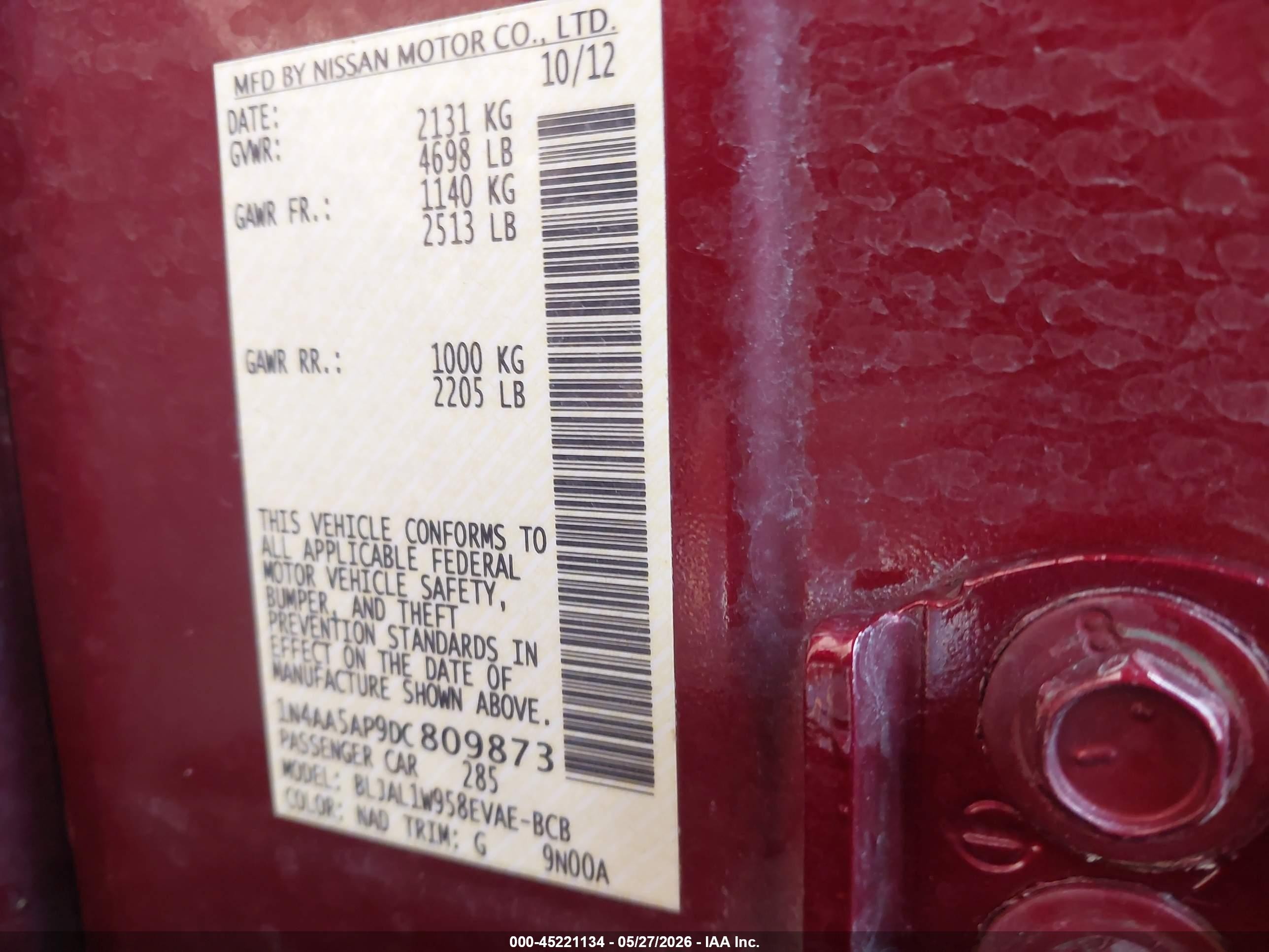 2013 Nissan Maxima 3.5 Sv Red vin: 1N4AA5AP9DC809873