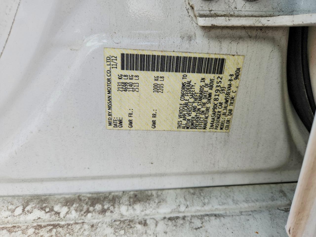 2013 Nissan Maxima 3.5 S White vin: 1N4AA5AP9DC819352