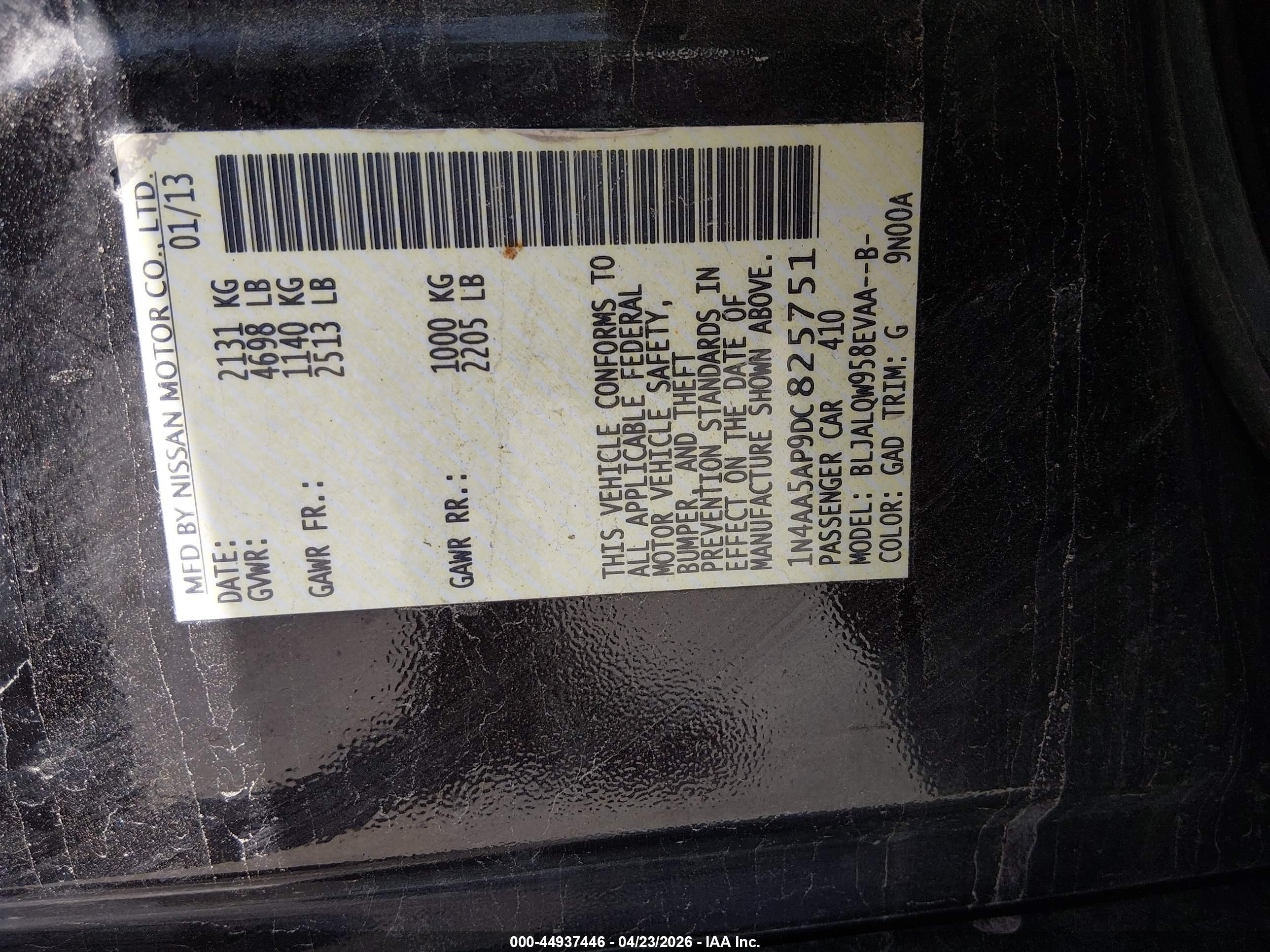 2013 Nissan Maxima 3.5 S Black vin: 1N4AA5AP9DC825751