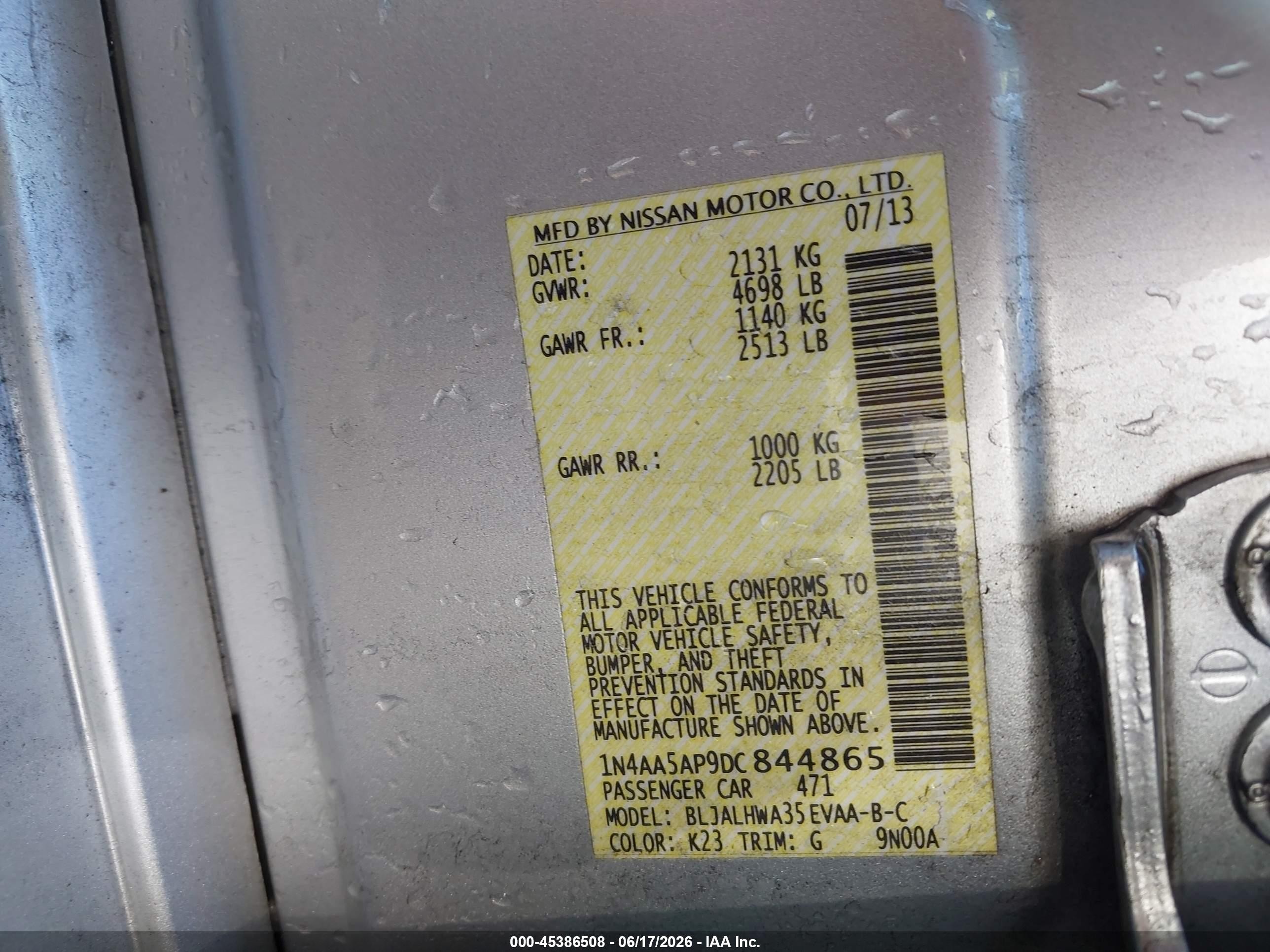 2013 Nissan Maxima 3.5 Sv Silver vin: 1N4AA5AP9DC844865